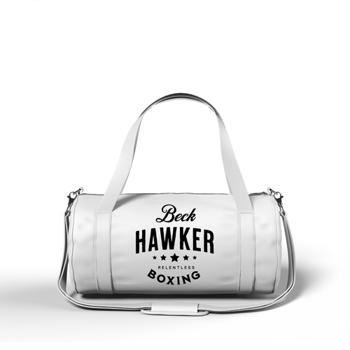 White duffle bag with black text reading 'Beck Hawker Relentless Boxing' and a small star graphic, against a plain background.