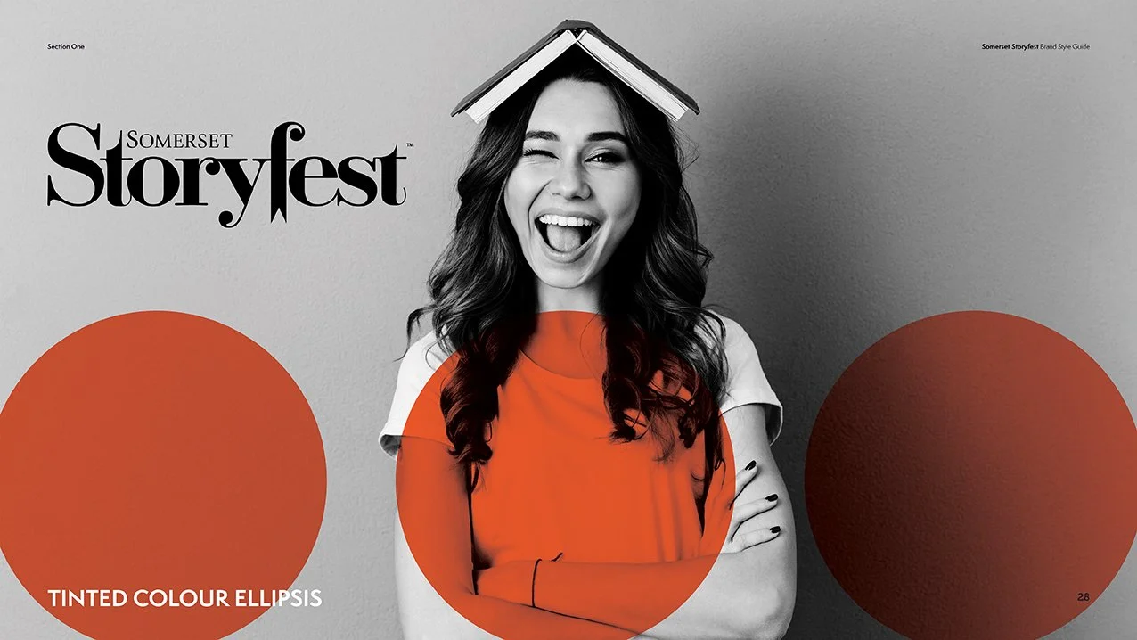 Black and white photo of a young woman with a book on her head, wearing an orange shirt, smiling and winking. Text mentions Somerset Storyfest and Tinted Colour Ellipsis.