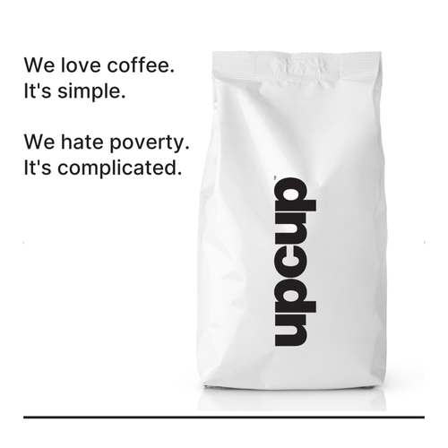 White coffee bag with black 'upcup' logo, accompanied by text about loving coffee and fighting poverty.
