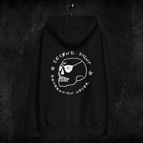 Black hoodie with a skull and eyepatch illustration and the text 'Second Sight Generation Never' on the front, hanging on a wall.