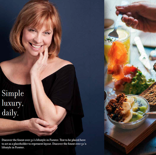A smiling woman with shoulder-length red hair wearing a black top, with text that reads 'Simple luxury, daily.' Next to her is a photo of a hand holding a fork with orange food, and a bowl of food with various ingredients on a wooden table.