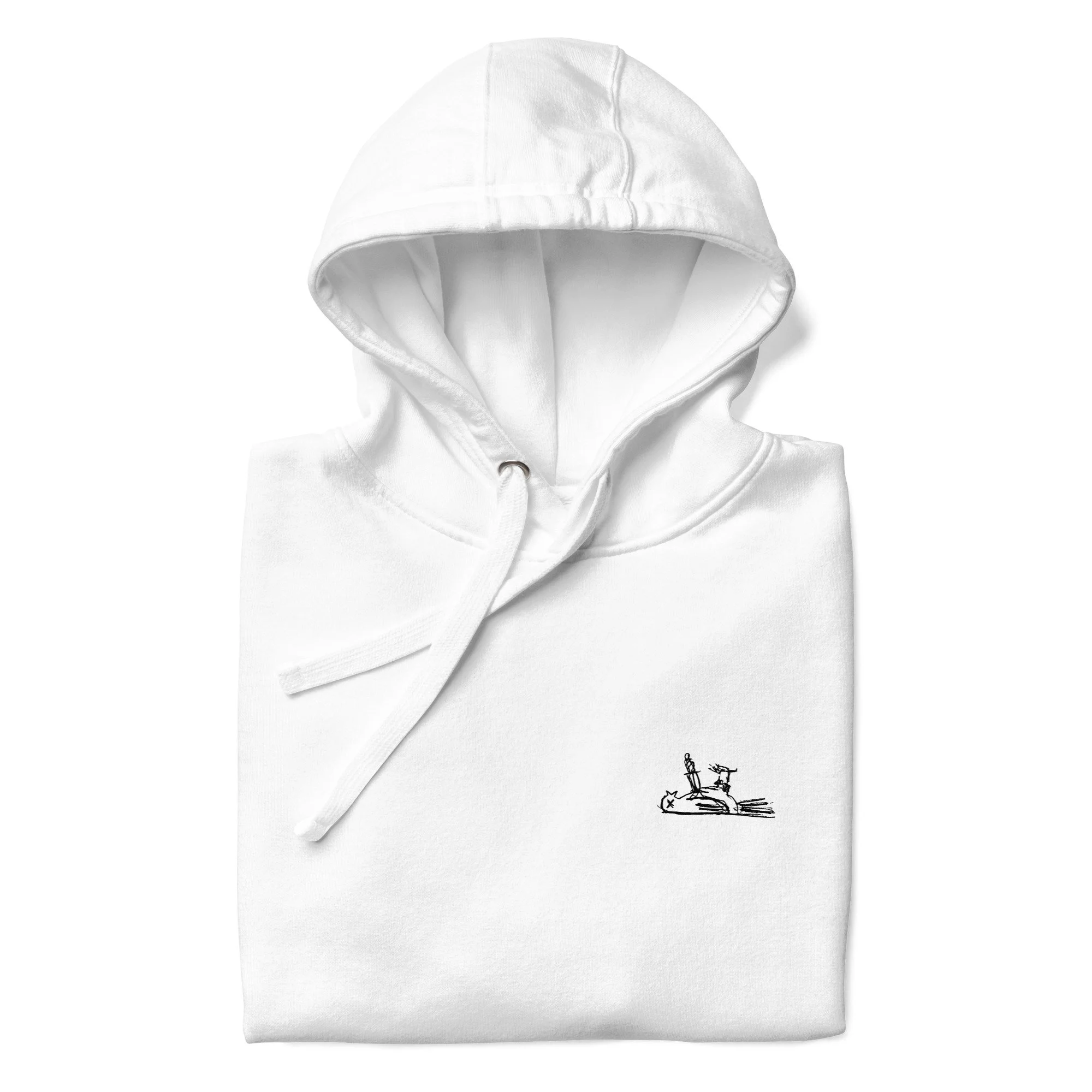 A white hoodie with a small embroidered logo of a person and a dog on a surfboard, placed on a white background.
