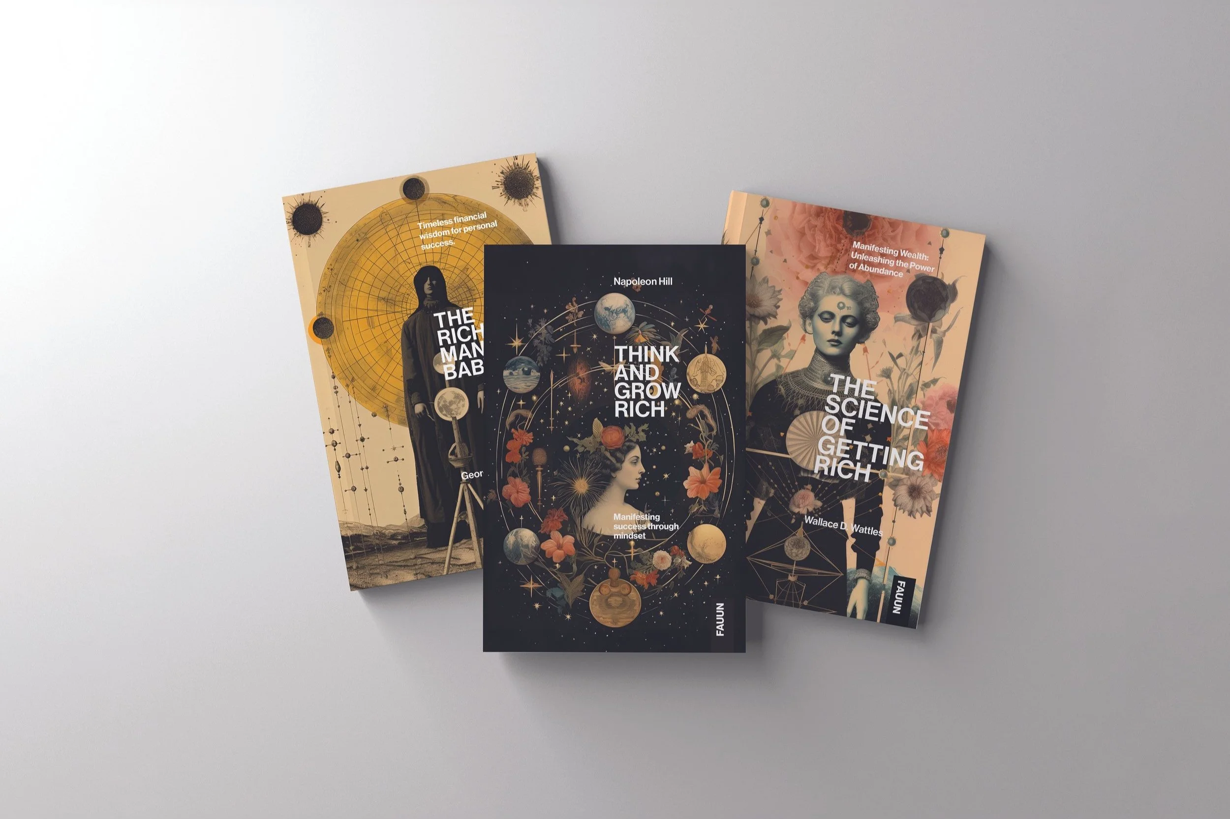 Three books about wealth and success displayed on a gray surface, each with a distinctive cover design. The left book features a black figure with a large golden disc and scientific imagery. The middle book has a cosmic theme with planets and planets