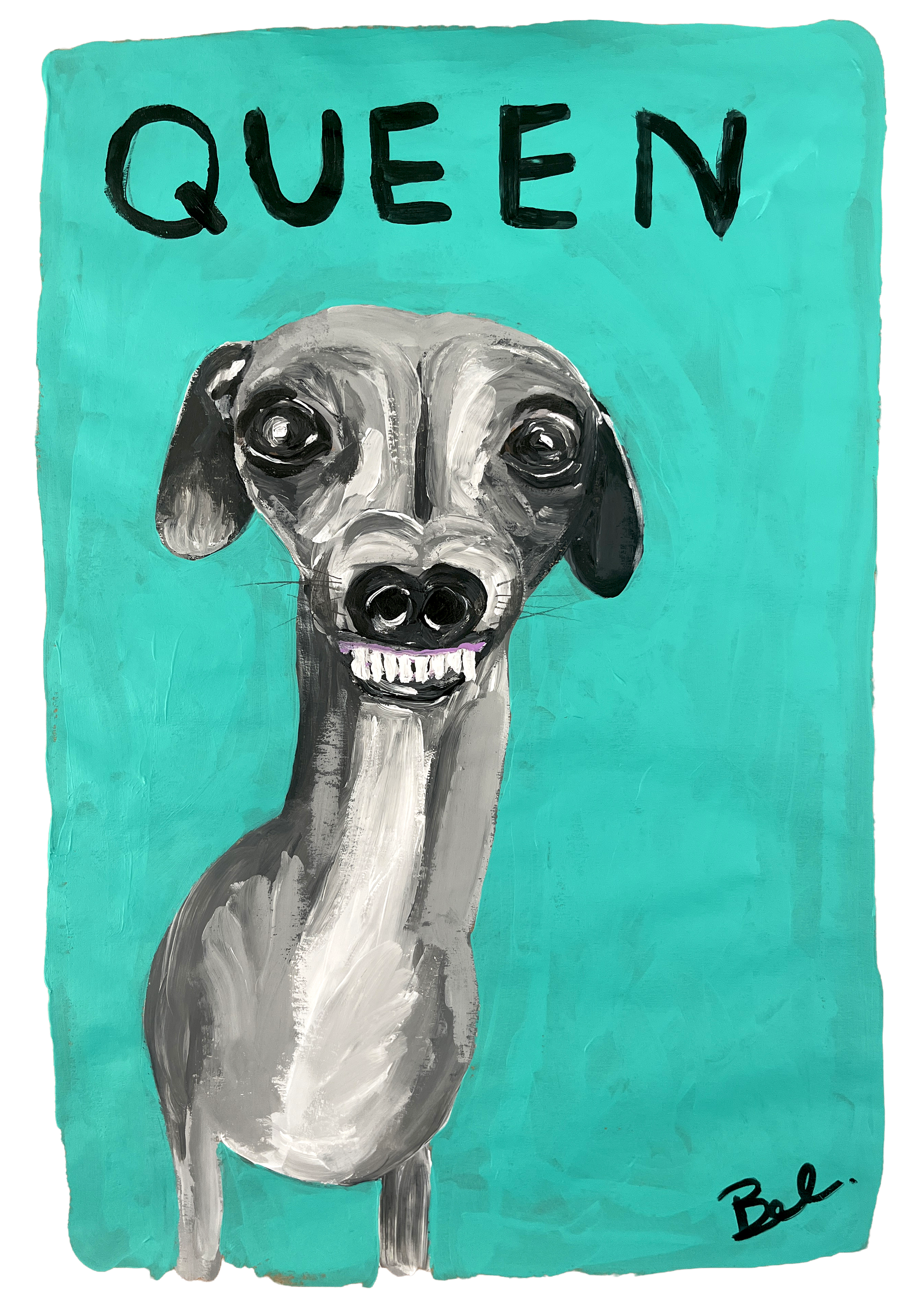 Painting of a smiling dog with a long neck and large eyes on a turquoise background, with the word "QUEEN" written at the top and the artist's signature at the bottom right.