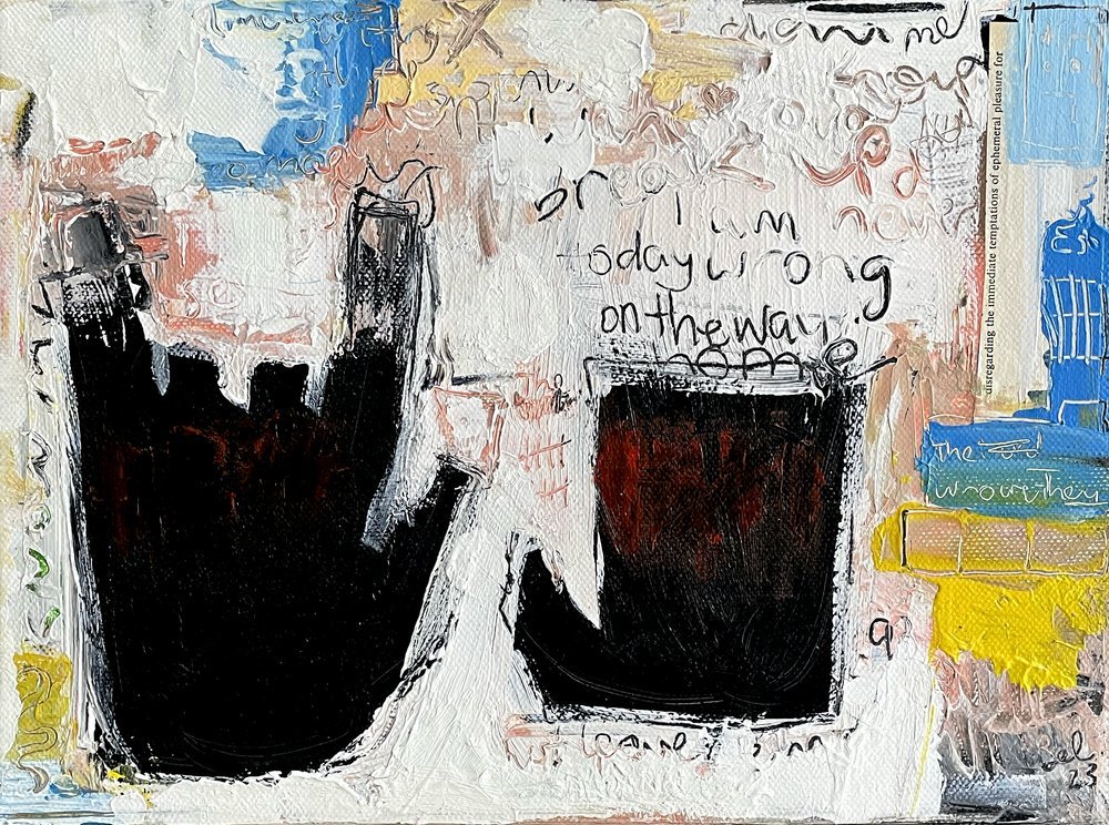 Abstract mixed media artwork featuring black painted hands and handwritten text, with colorful patches and textured elements.