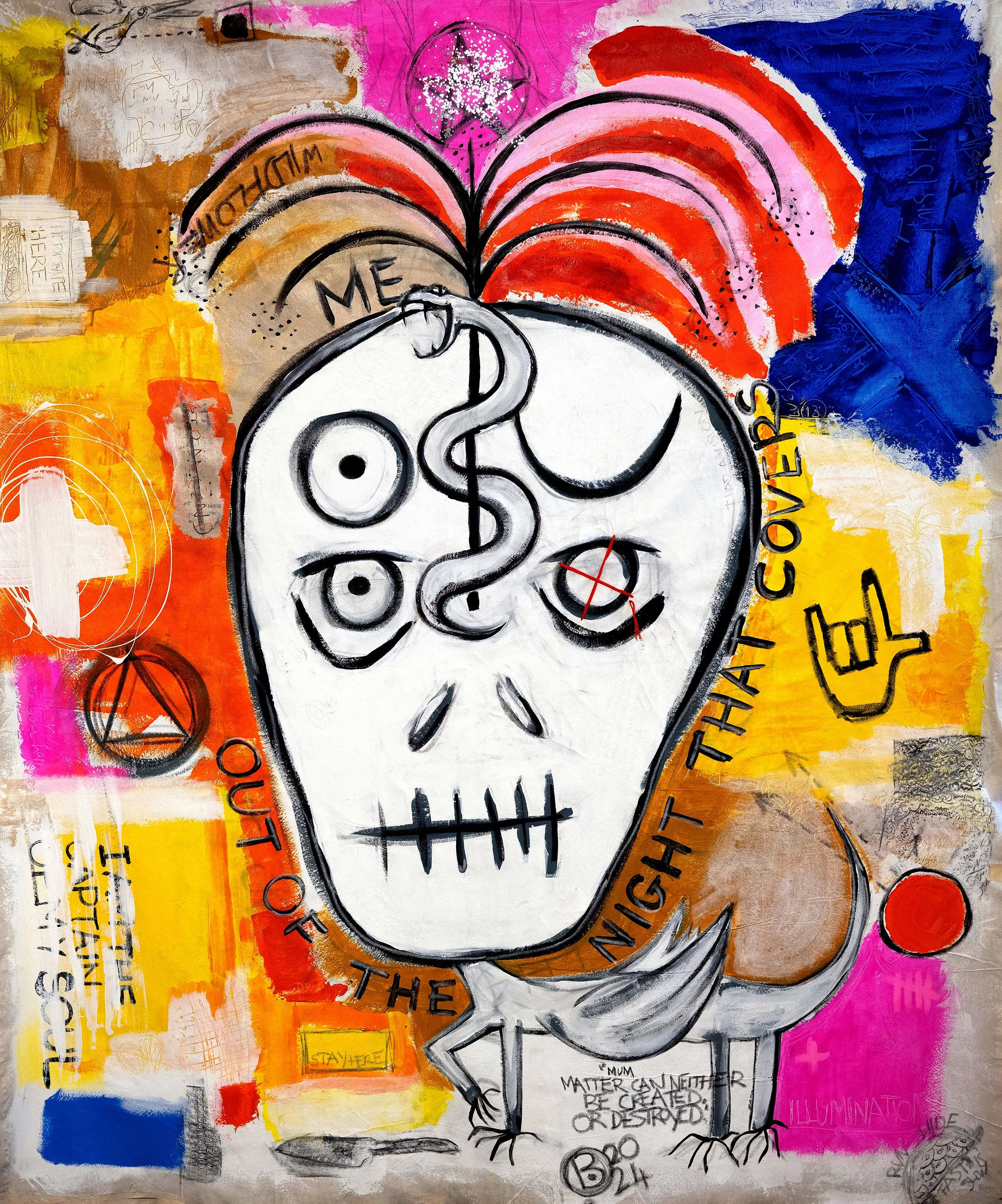 A colorful mixed media artwork featuring a stylized skull with hollow eyes and stitched mouth, topped with a crown of red and pink shapes. The background is vibrant with patches of pink, yellow, orange, blue, and other colors, along with various draw