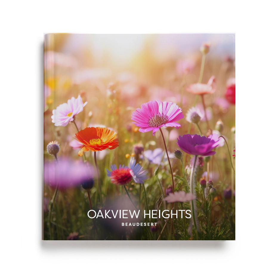 A colorful field of various wildflowers in pink, purple, orange, and white, with sunlight in the background, on a brochure for Oakview Heights in Beaudesert.
