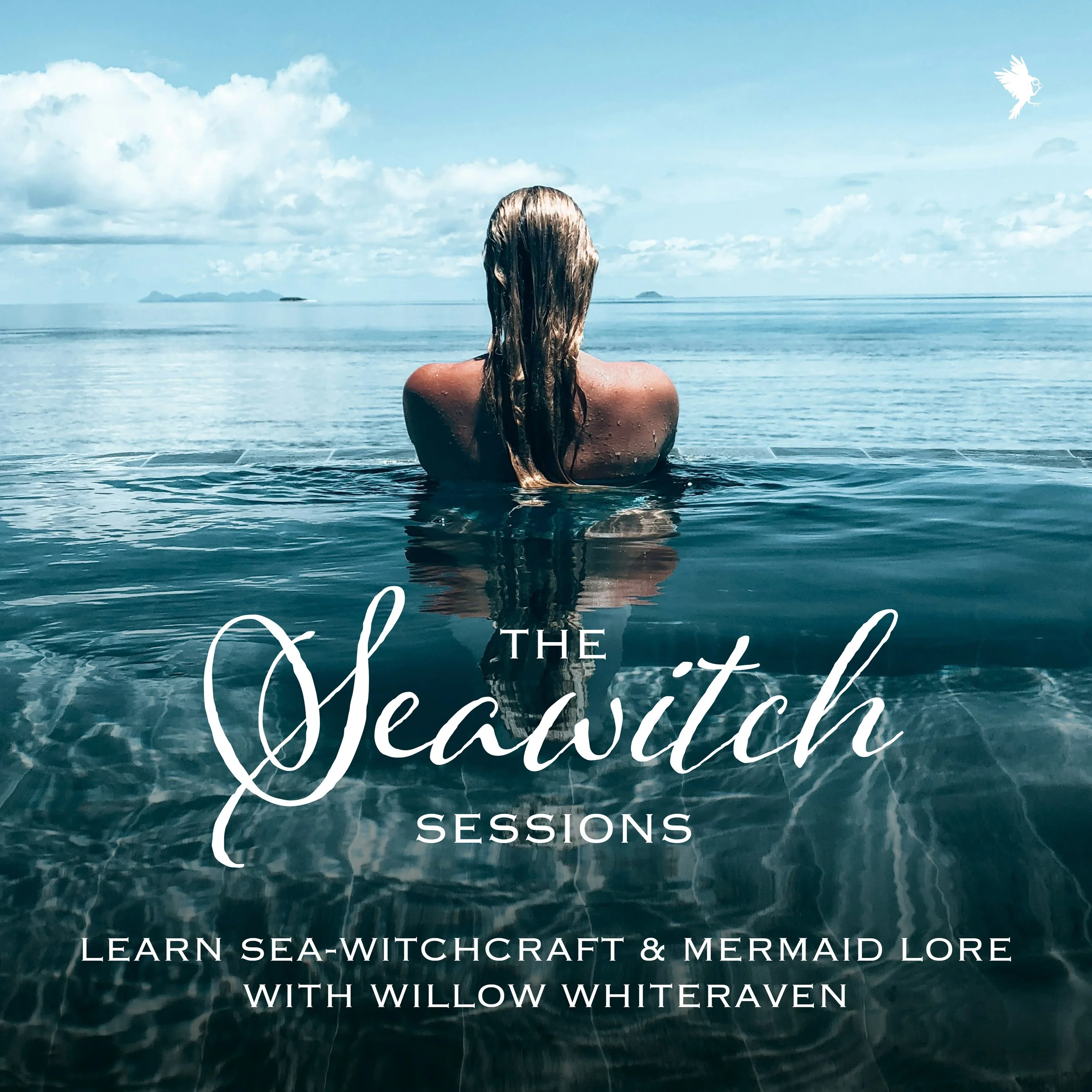 A woman with long hair in the ocean, facing away, with cloudy sky and distant islands in the background. Text overlay reads 'The Seawitch Sessions' and 'Learn sea-witchcraft & mermaid lore with Willow Whiteraven.'