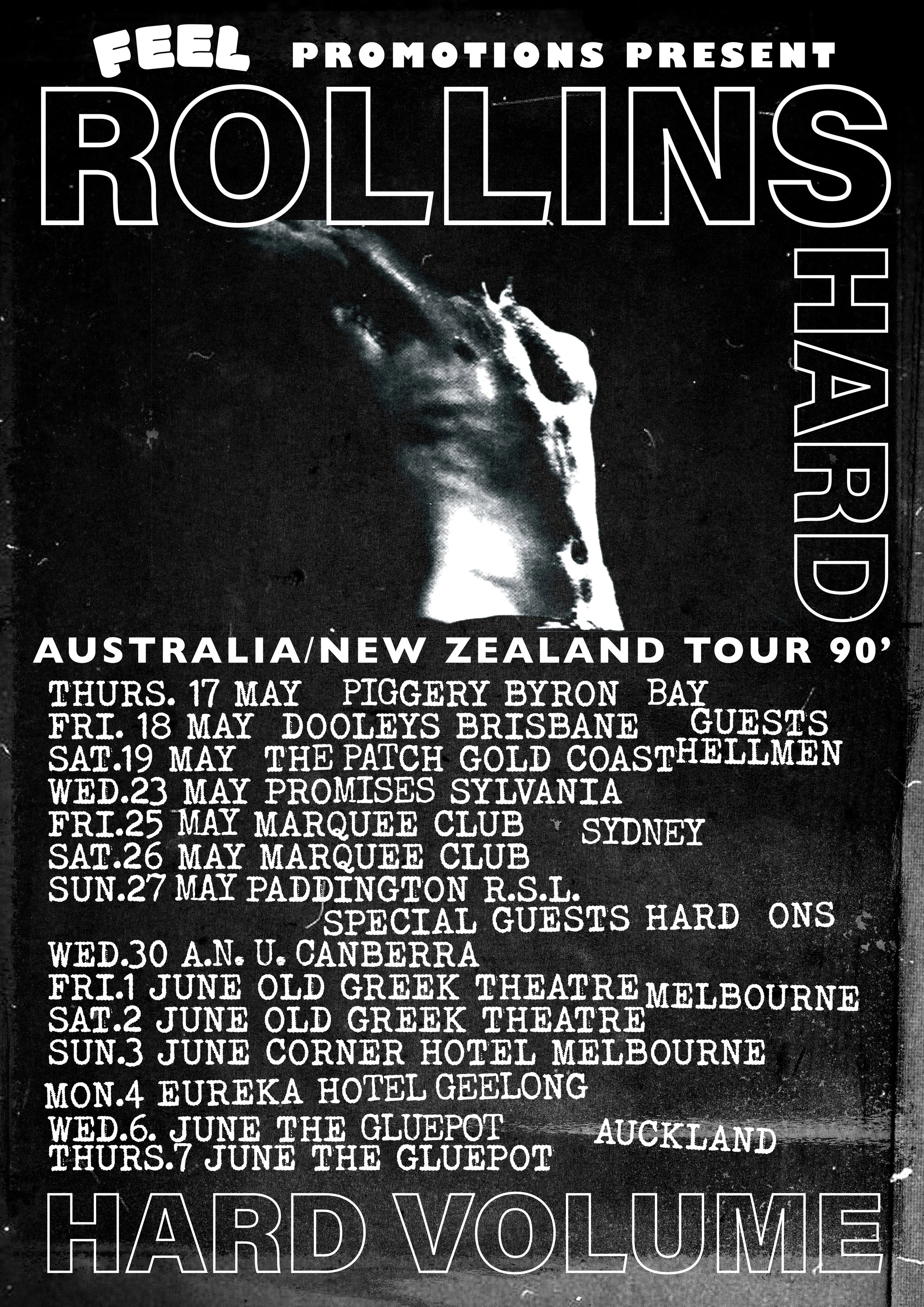 A promotional poster for the band Rollins Harwood's Australia/New Zealand tour 90' featuring tour dates and locations from May 17th to June 7th, 1990, with a black and white image of a person, possibly a band member, and the text 'Feel Promotions Pre
