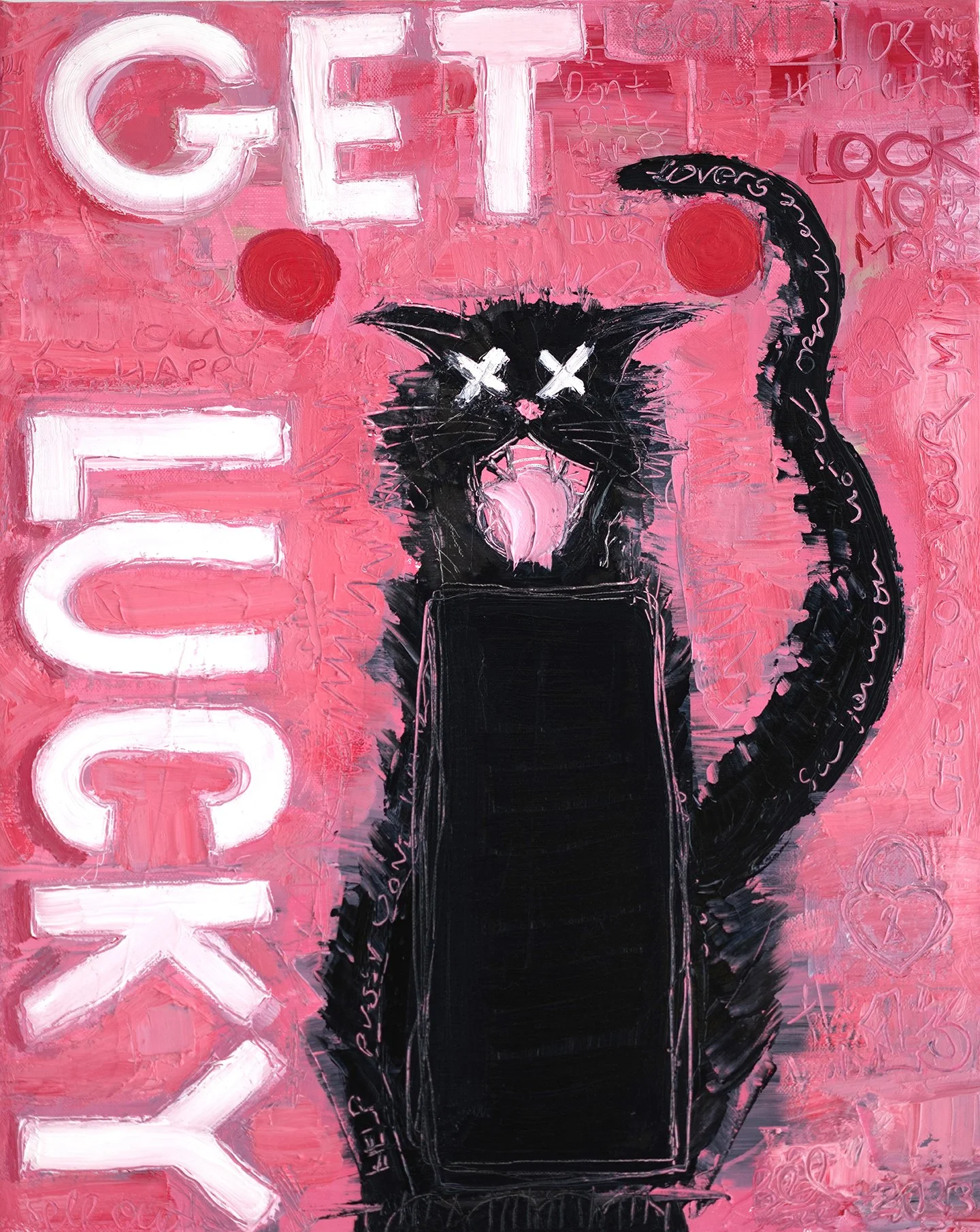 Pink background with the word 'GIRL' in large white graffiti-style letters on the left. A black cat with white 'X' eyes and an open mouth showing its tongue is in the center, with the tail curved upward on the right. Various smaller graffiti and dood