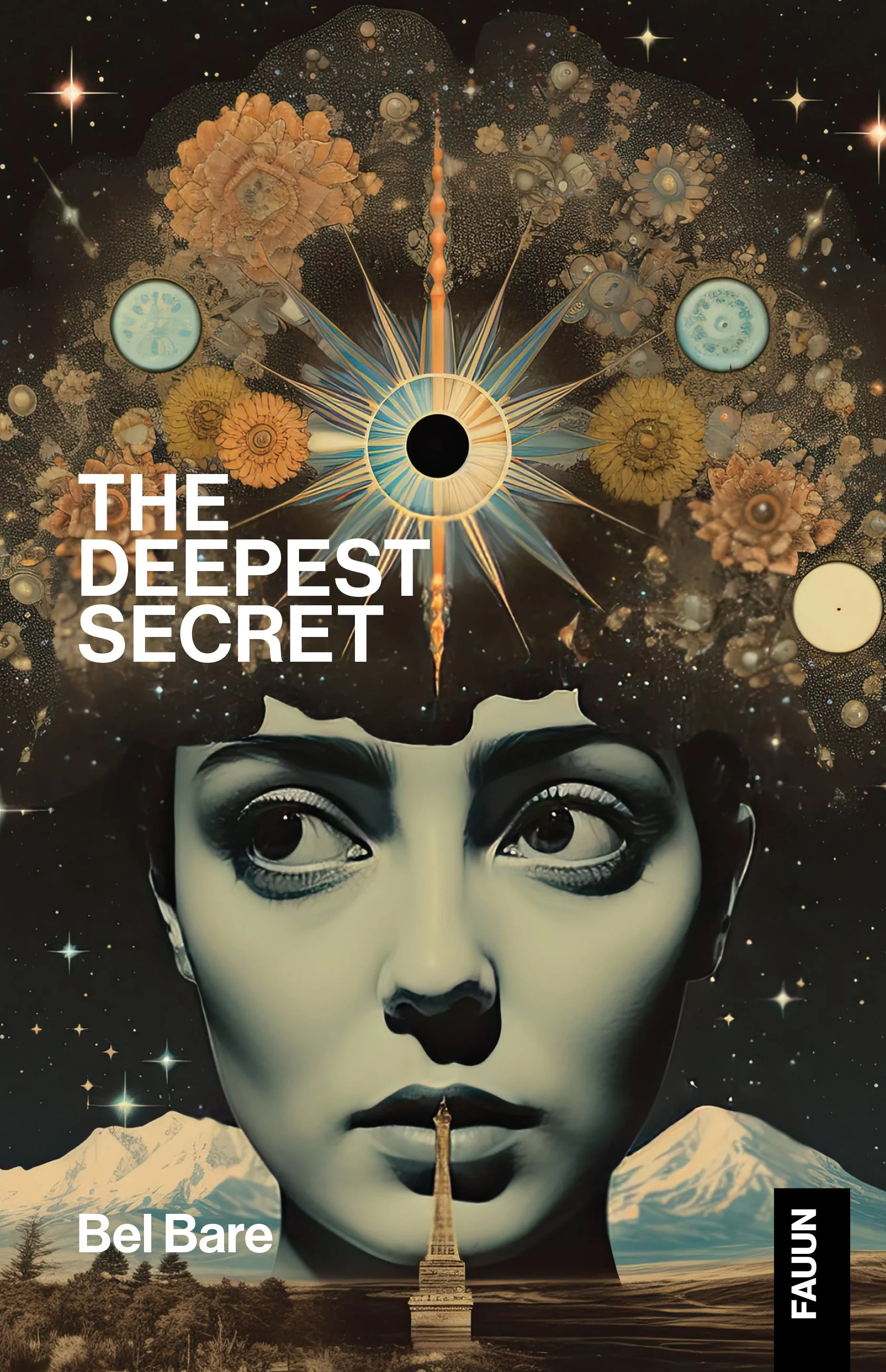 Book cover titled 'The Deepest Secret' by Bel Bare, featuring a surreal collage of a woman's face with large eyes, a mountain in the background, and mystical elements like stars, planets, and a floral pattern emerging from her head.