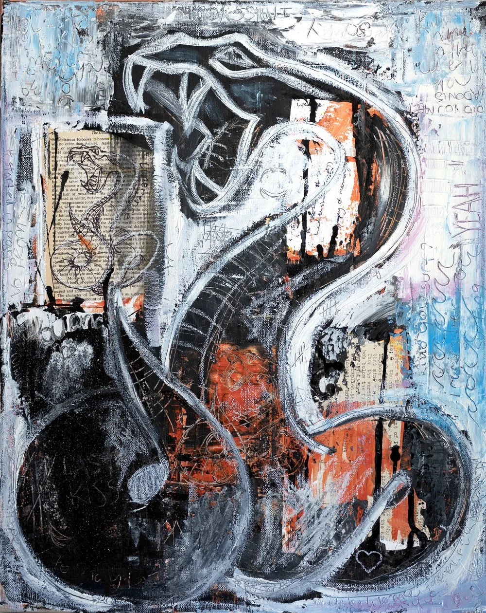 An abstract mixed media artwork featuring a stylized motorcycle with prominent black, white, and orange colors, layered over a collage of torn book pages, sketches, and handwritten notes.