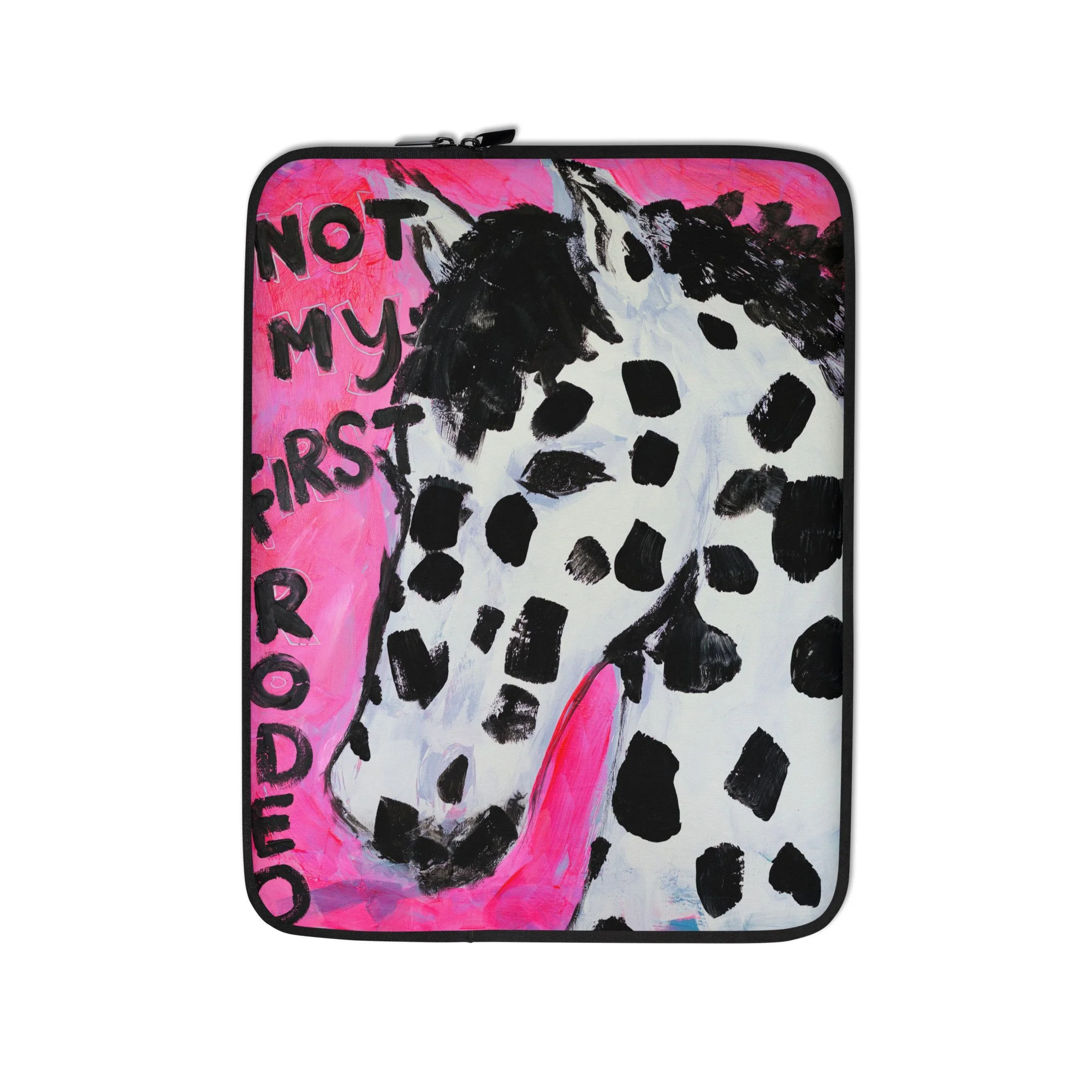 A pink background with a painting of a Dalmatian dog and the text 'NOT MY FIRST RODEO' in black letters.