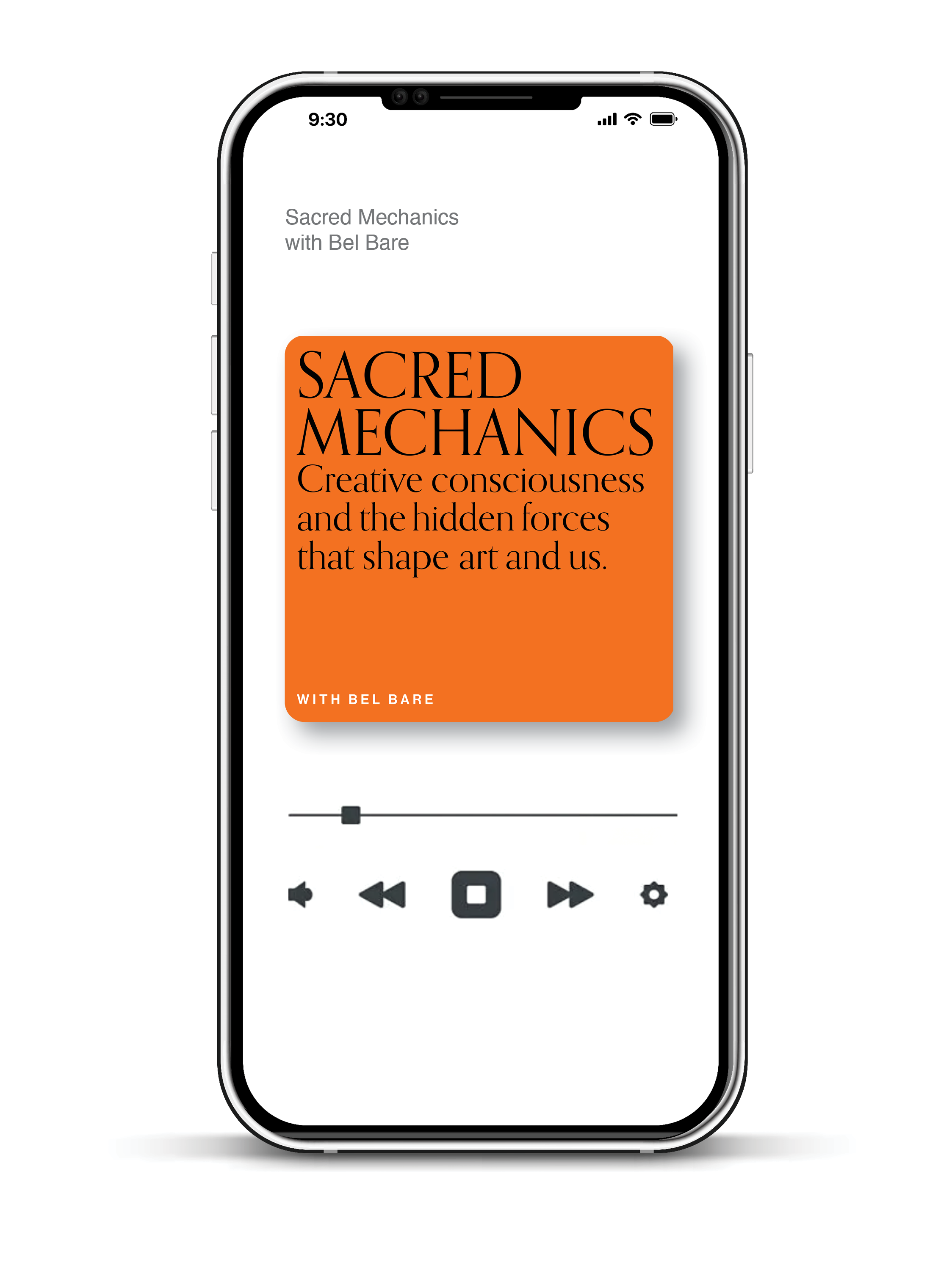 A smartphone screen displaying a digital album cover for Sacred Mechanics with an orange background and black text, underneath it says 'with Bel Bare.' The phone has a black and white design with a notch at the top, showing the time as 9:30 and signa
