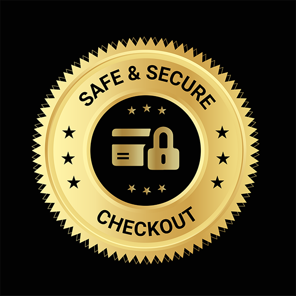 Gold badge with black background that reads 'Safe & Secure Checkout' and features icons of a credit card and padlock in the center.