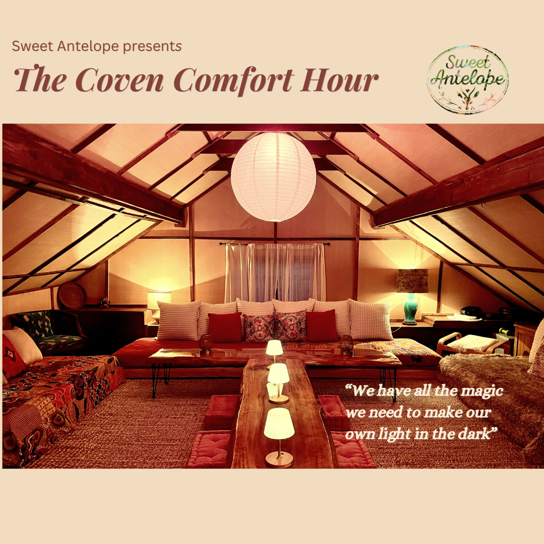 Cozy attic room with a large wooden table, cushioned benches, a sofa, and various lamps creating a warm ambiance. Overhead paper lantern, curtains on the window, and decorative pillows. Text promoting an exclusive event for email subscribers.