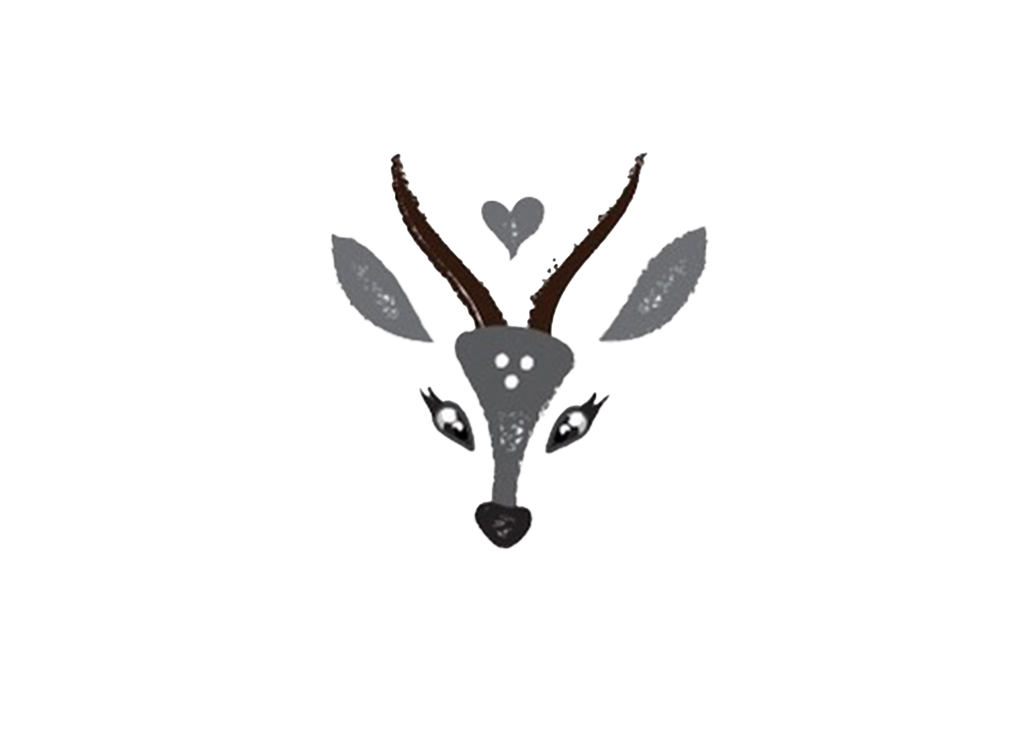 Illustration of a stylized deer face with antlers, gray and black features, and a small heart shape above its head.