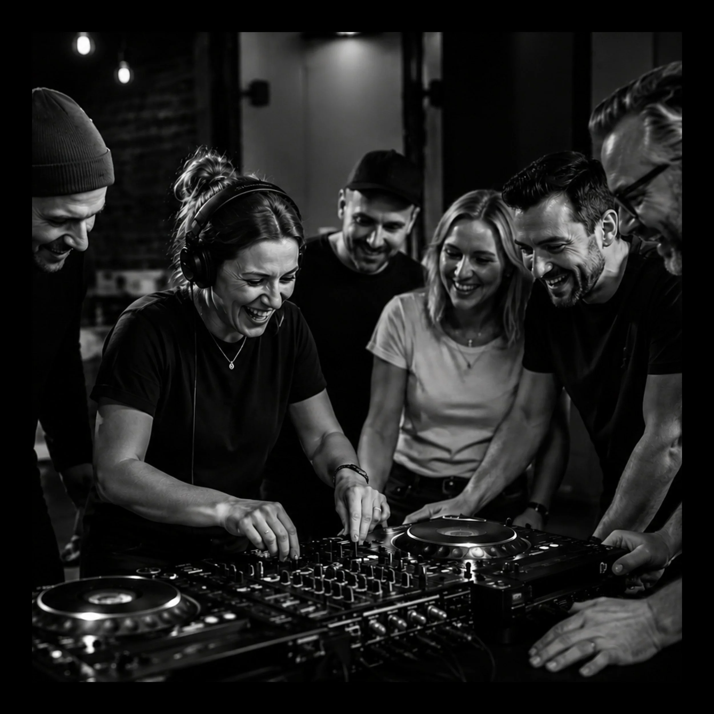 Flera personer som dansar och en DJ:s står runt ett mixerbord i en mörk plats och ägnar sig åt att mixa musik, alla ler och är glada. "DJ Masterclass".