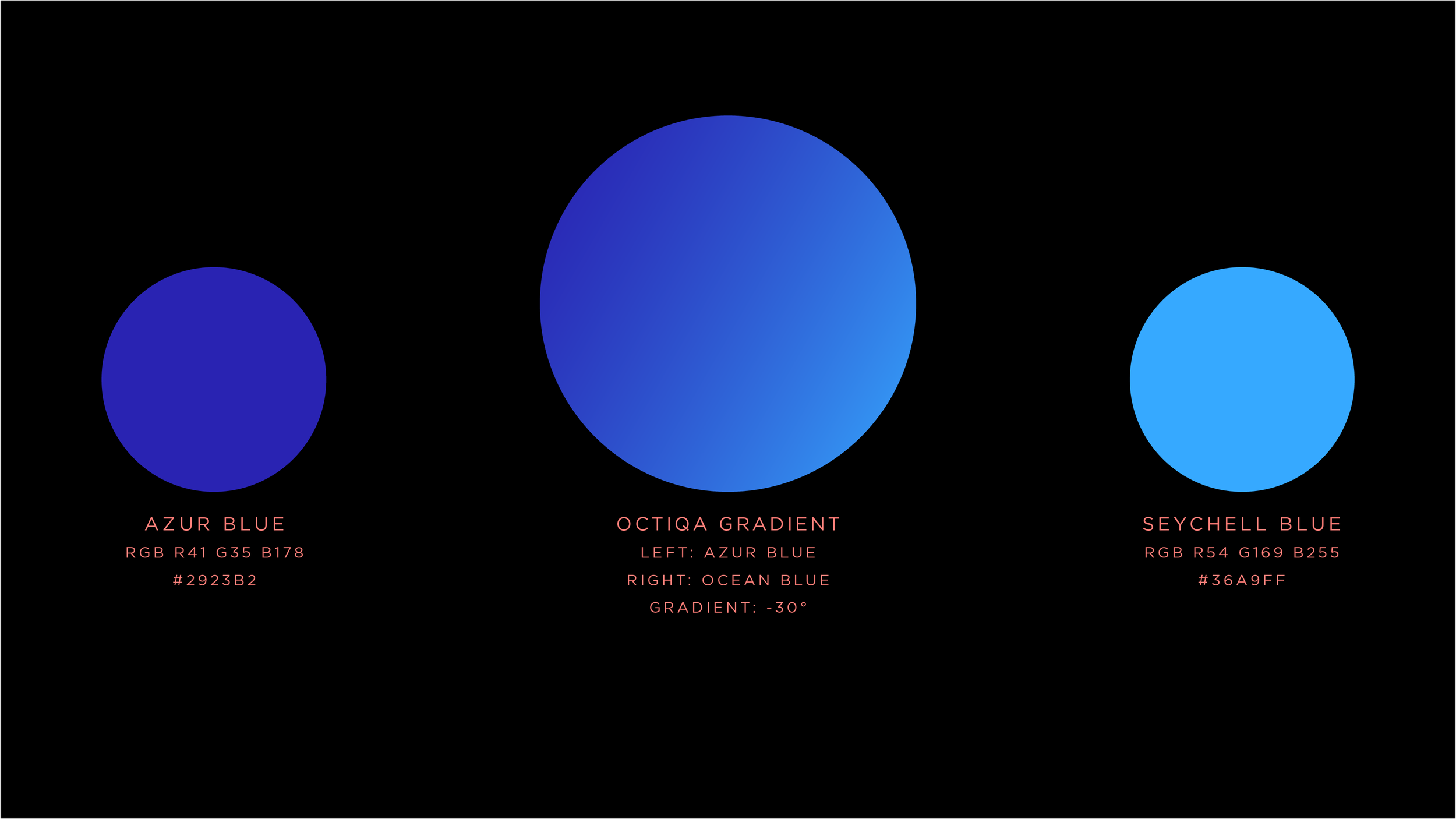 Tre färgprover av blå nyanser med deras namn, RGB-värden och hex-koder. Det finns tre prover: Azur Blue, Octiq Gradient och Seychell Blue.