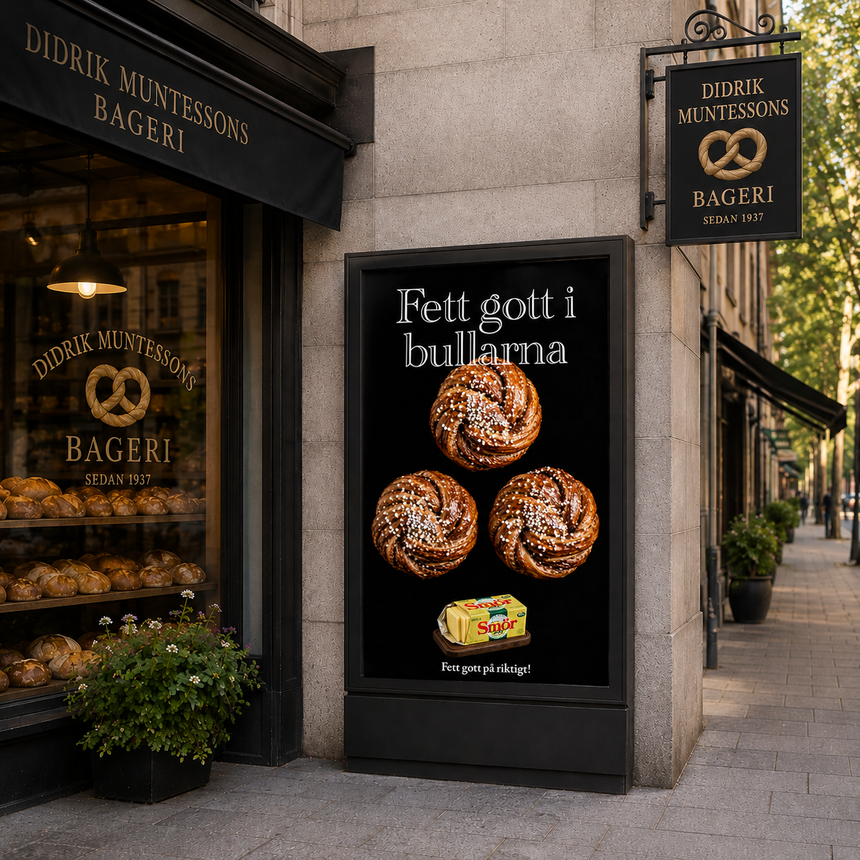 Utomhusreklam för Svenskt Smör. En bild på tre kanelbillar med rubriken 'Fett gott i bullarna'.