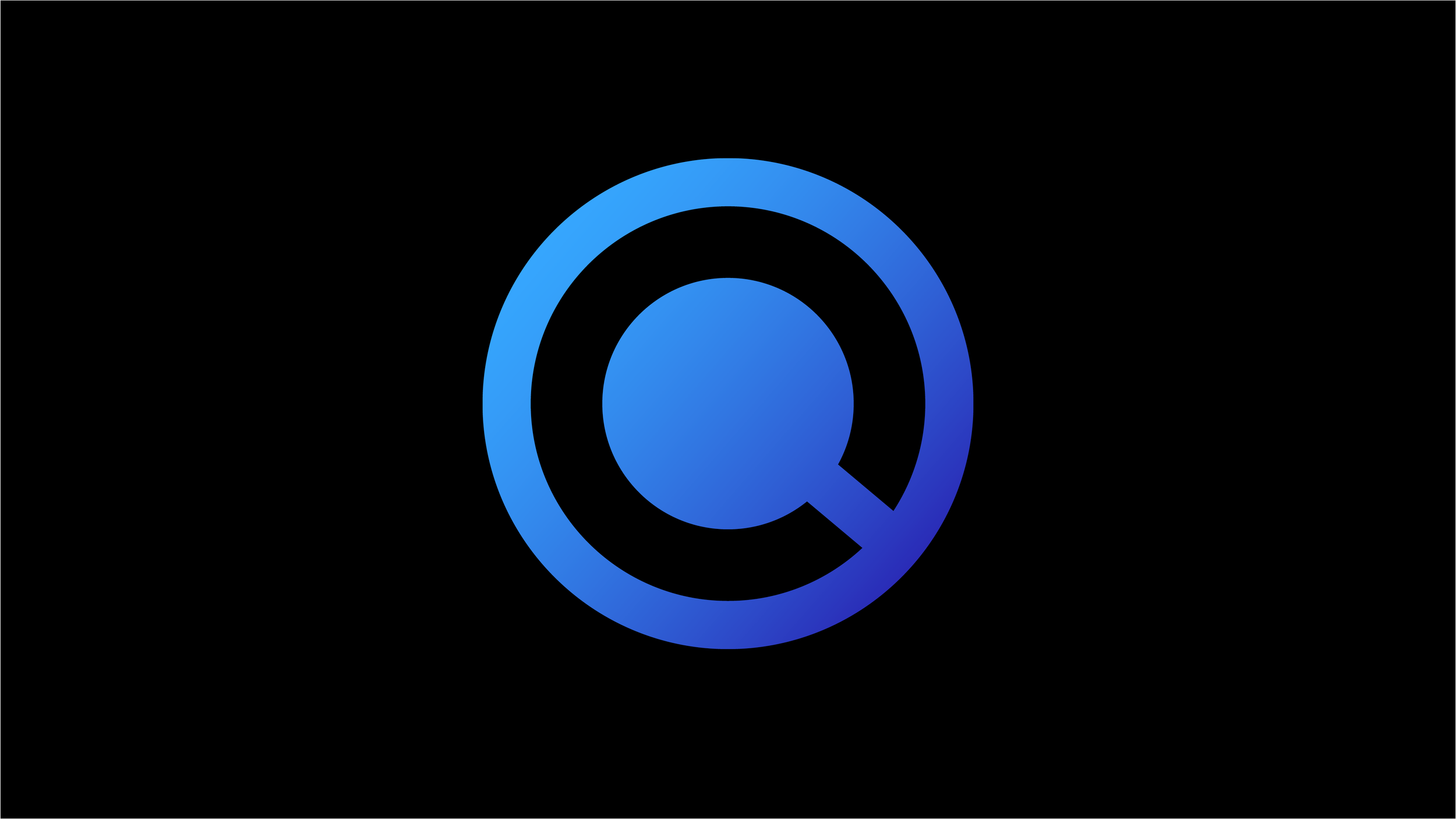 Blå 'Q' logo på svart bakgrund.