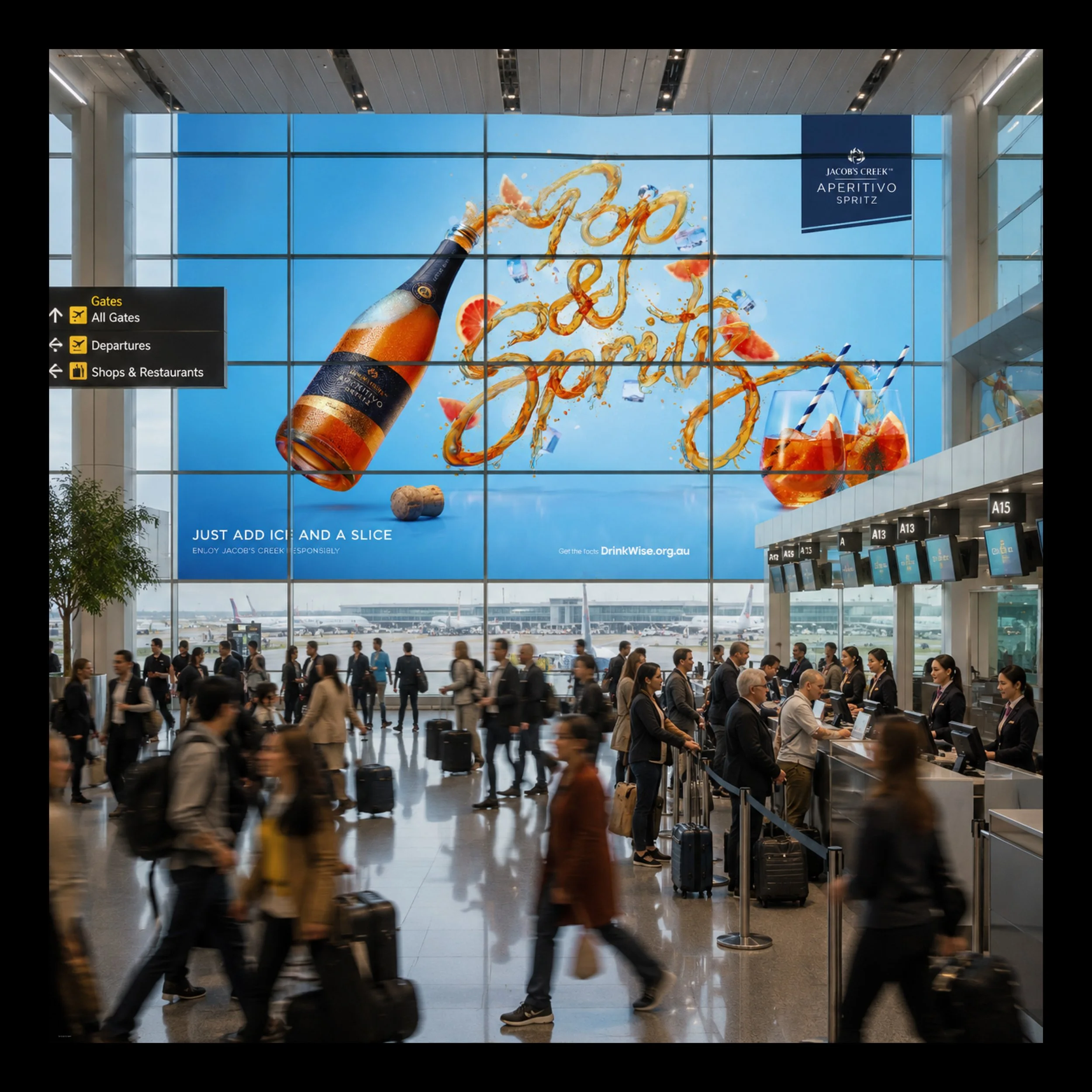 Flygplatsens incheckningsområde med människor som väntar i kö, informationsskyltar, och hörn av flygplansavgångsbord. I bakgrunden ses en big-image-skylt för Jacobs Creek Aperitivo Spritz.
