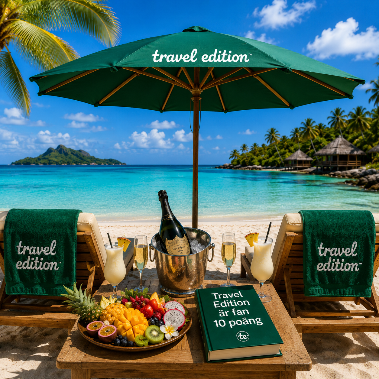 En strandscen med solstolar täckta med gröna handdukar märkta 'travel edition', ett stort grönt parasoll och ett bord med fruktfat, champagneflaska i is och drinkar, samt en bok som säger 'Travel Edition är fan 10 poäng'. Bakom syns en klar blå havsu