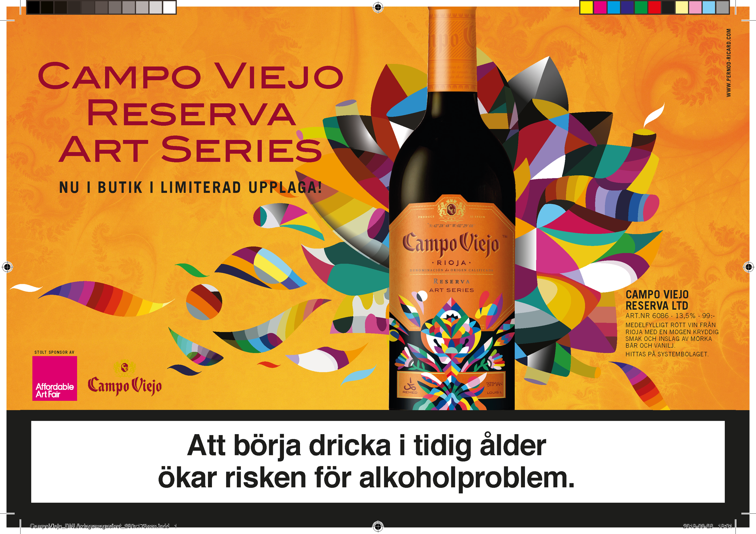 Annons för Campo Viejo Reserva Art Series vin med färgglada konstnärliga detaljer på etiketten och bakgrund, och en varningsruta som säger att tidigt drickande ökar risken för alkoholproblem.