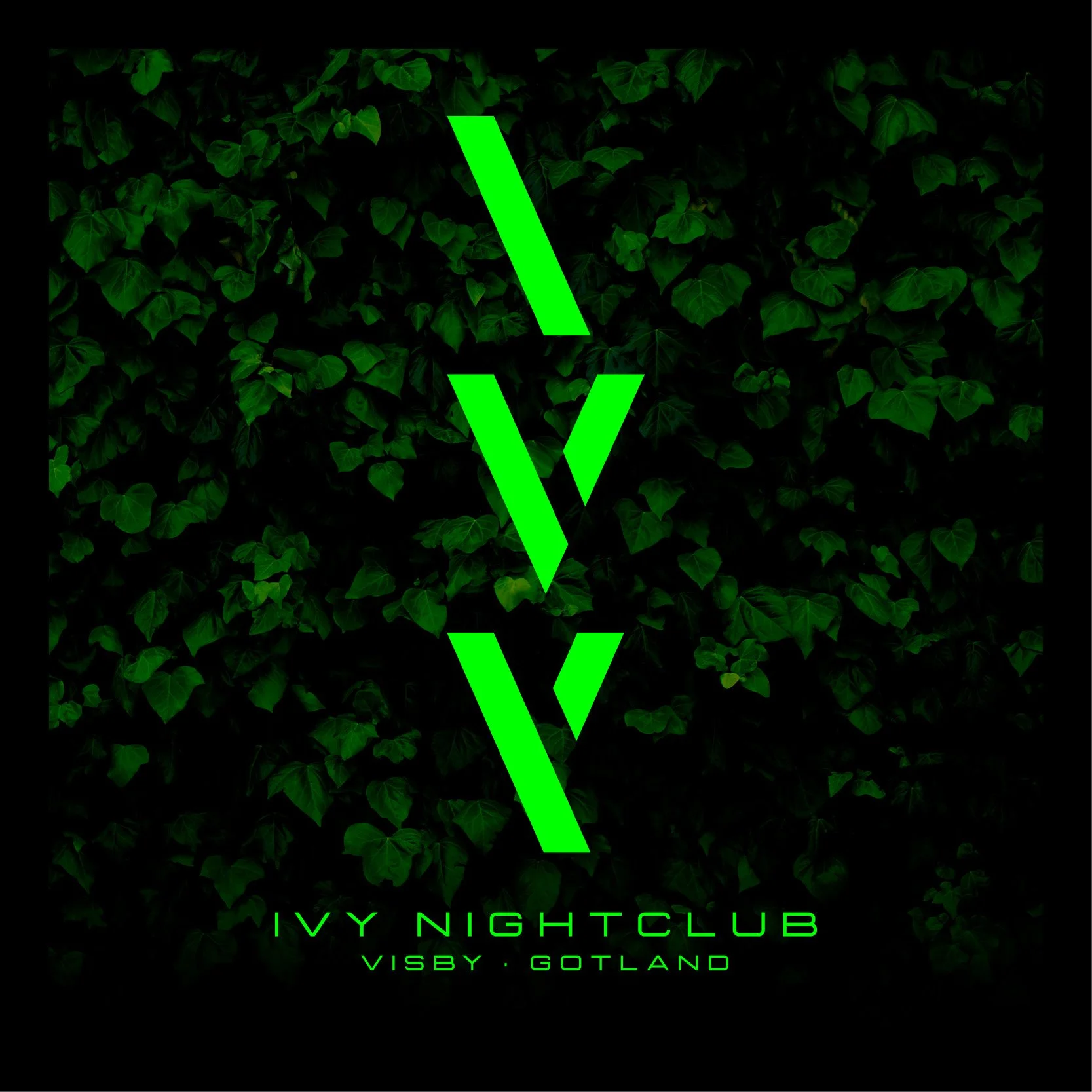 Posters för Ivy Nightclub i Visby, Gotland, med gröna växtmotiv i bakgrunden och neonfärgad text.