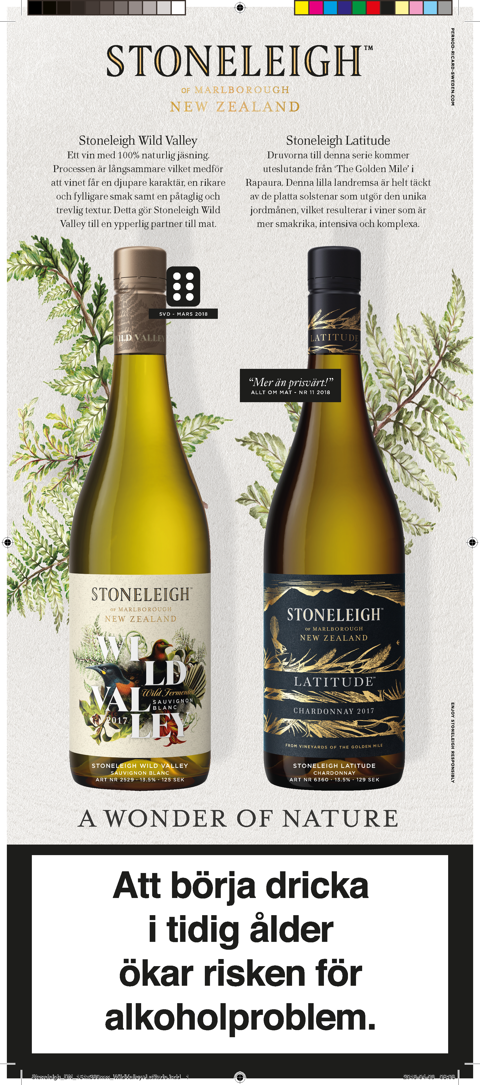 En annons för två viner från Stoneleigh, en Sauvignon Blanc och en Chardonnay, med text om vinerna och en varning om att dricka i tidig ålder kan öka alkoholproblem.
