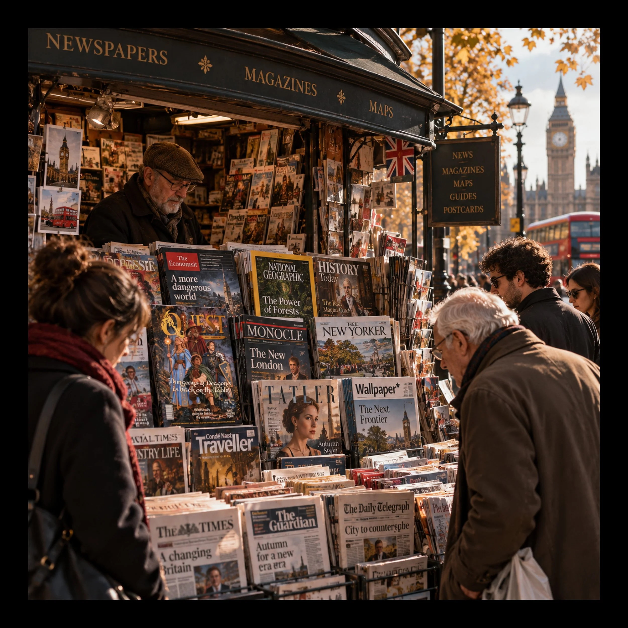 Stånd med tidningar, inklusive The Daily Telegraph, Quest Magazine, The Guardian och Traveller i London, med Big Ben i bakgrunden och höstlöv på träden.