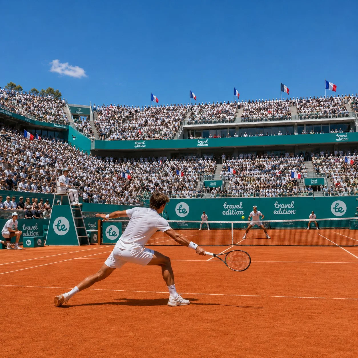 En tennismatch på en gräsplan, spelare i vit träningstdräkt slår en boll. Publik i vita kläder sitter i stora läktare under en klar blå himmel.