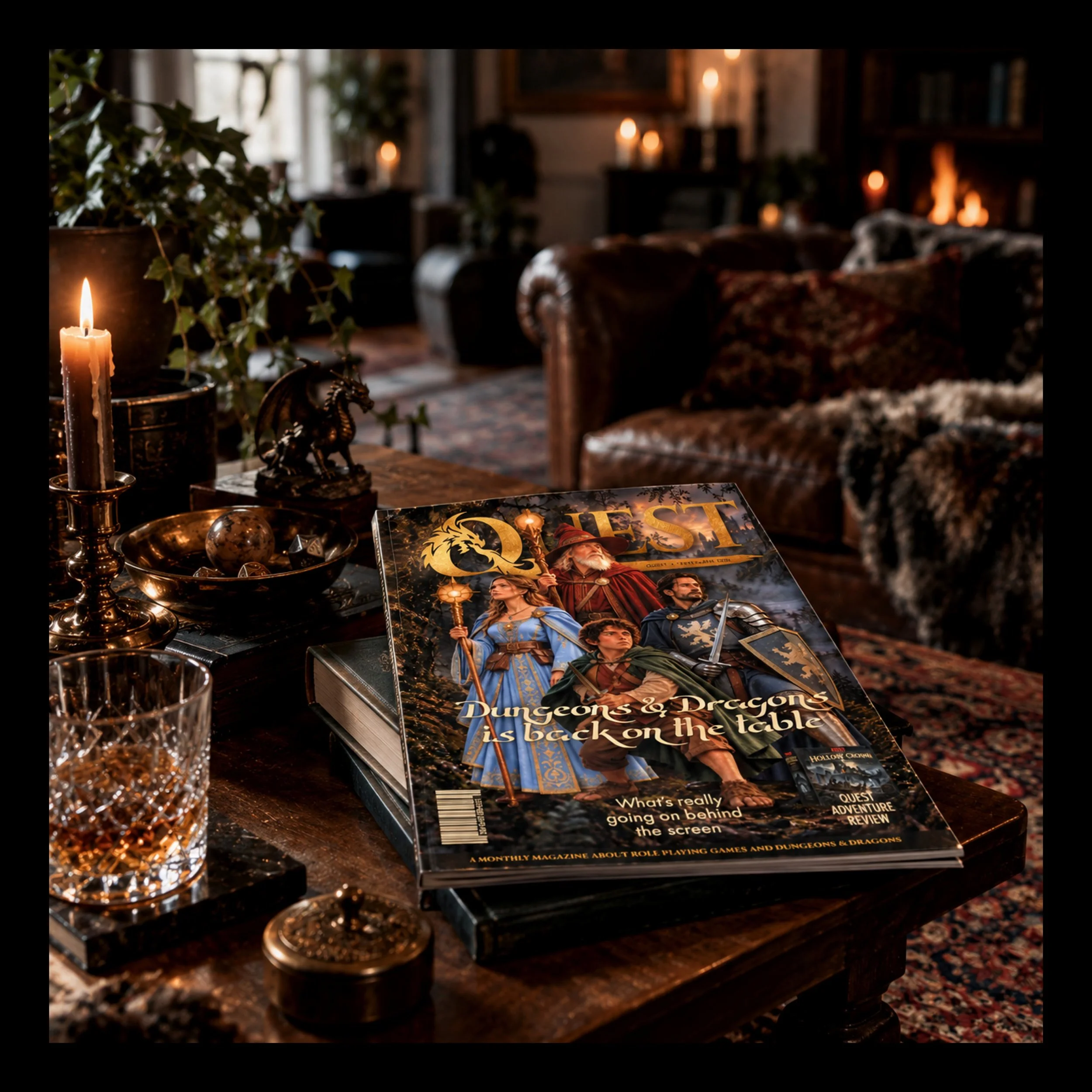 Ett bord med ett Quest Magazine, ett Dungeons & Dragons-magasin och en kristallglas, omgivna av ljus från ett stearinljus och levande ljus, i en mysig, välbelyskt rum