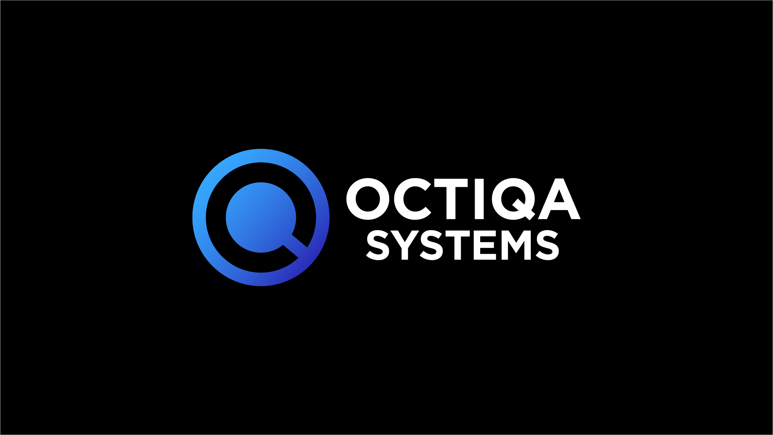 Logotyp för Octiqa Systems med en blå cirkel och ett Q, på svart bakgrund.