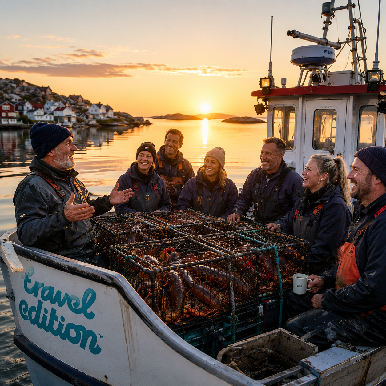 En grupp människor samlade på en båt under en solnedgång, alla klädda i marina arbetskläder, skratta och pratar, med ett område av små hus på en ö i bakgrunden.