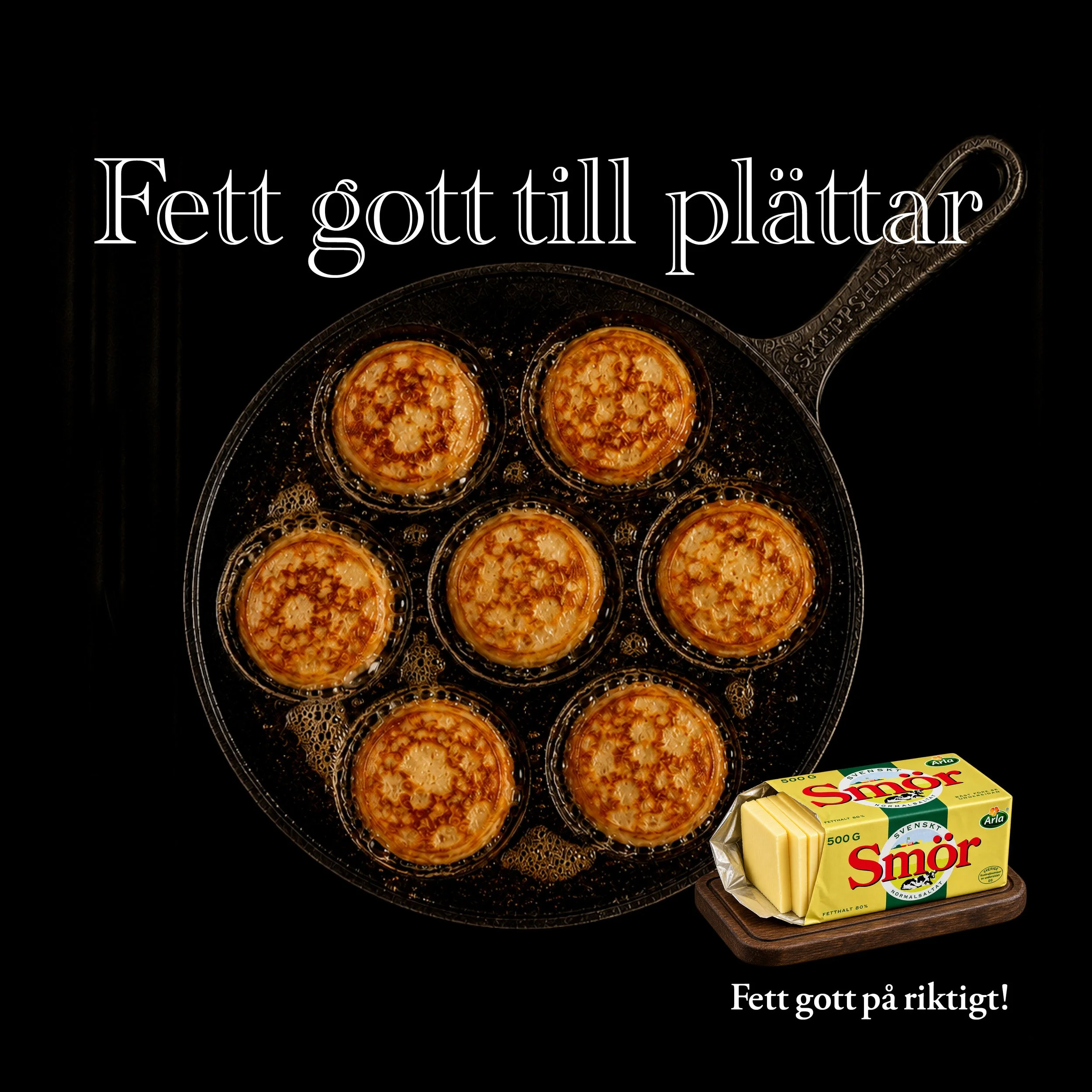 Annonsbild på en plättlagg med plättar som steks i Svenskt Smör.  med texten 'Fett gott till plättar' och 'Fett gott på riktigt!'