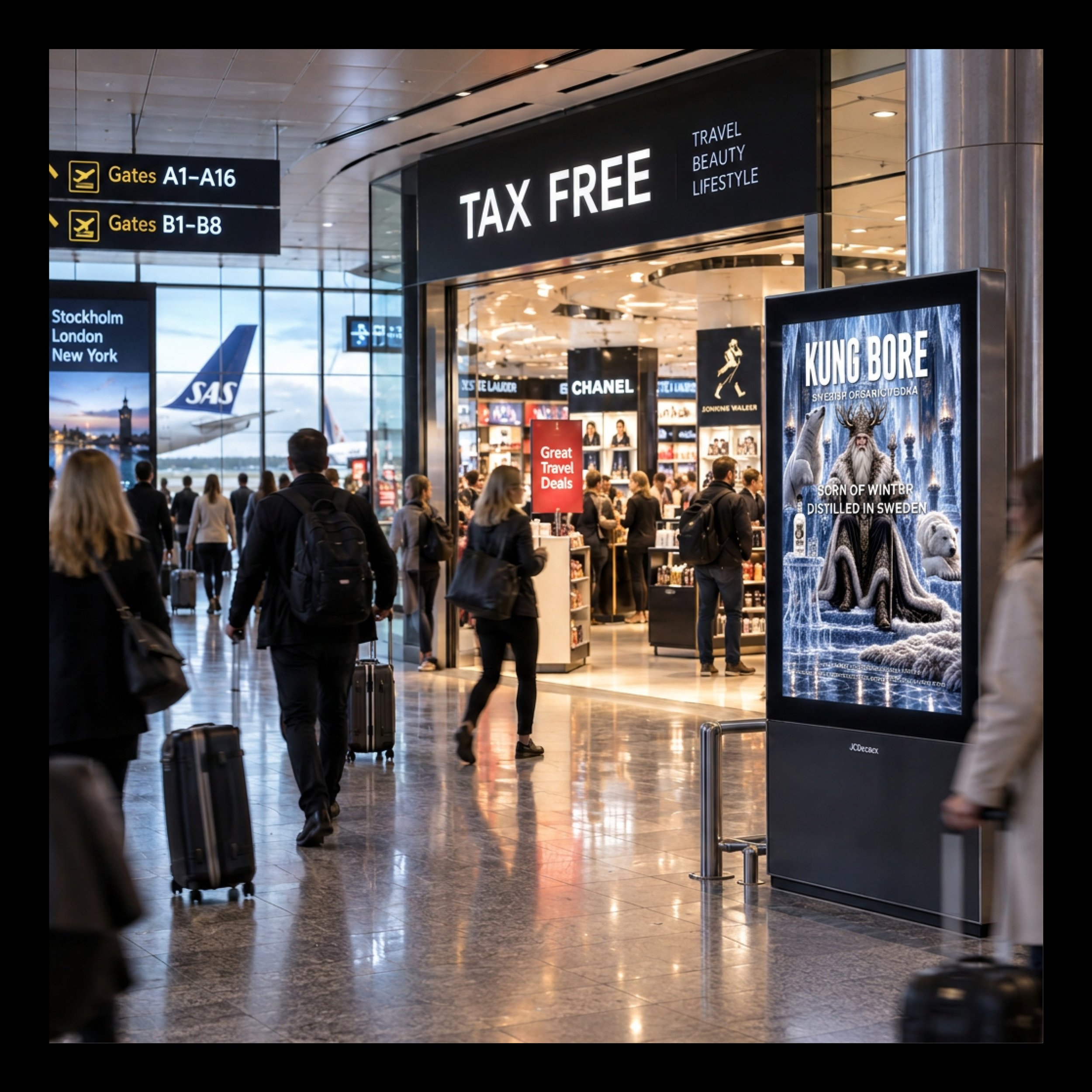 Flygplatsens inomhusmiljö med anslag för tax free-shopping, människor med resenärsväskor och passagerare vid flygplansavgångar. Reklma för Kung Bore vodka ses i en annonspelare.