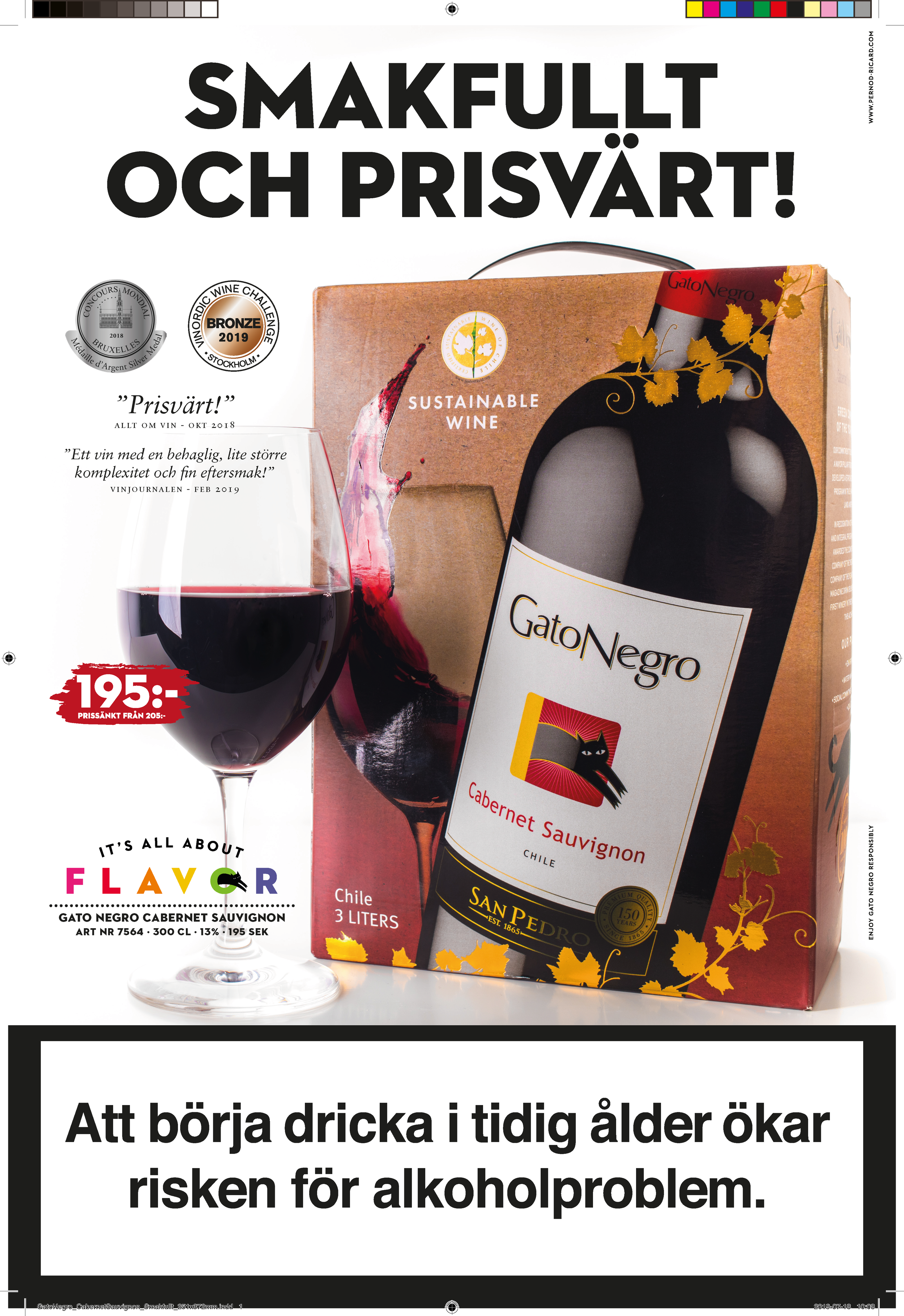 An advertisement for Gato Negro Cabernet Sauvignon wine, featuring a bottle and a glass of red wine, with logos and medals, and a black and red color scheme.