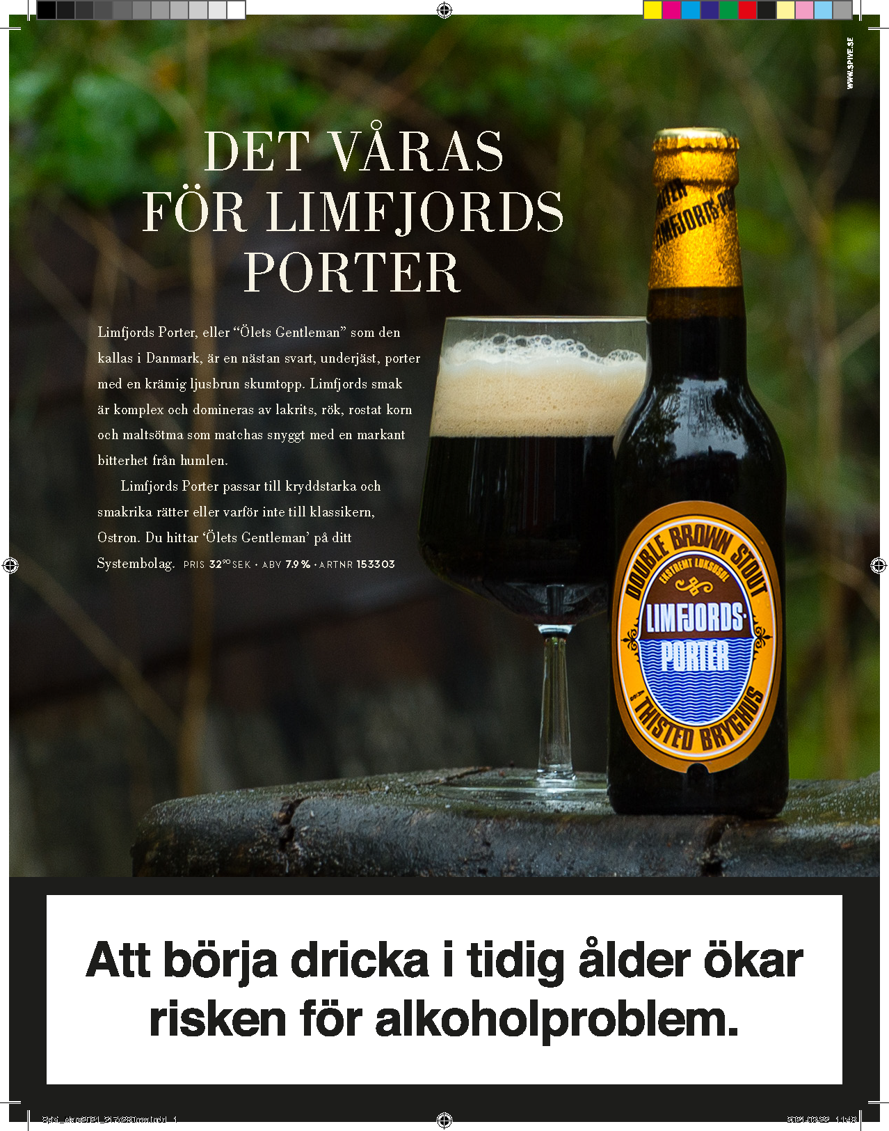 Bild på en flaska öl och ett ölglas med mörk öl och ett tjockt skum, står på en träbänk med en bakgrund av grönt bladverk. Text på bilden beskriver Limfjords Porter, en typ av mörk öl.