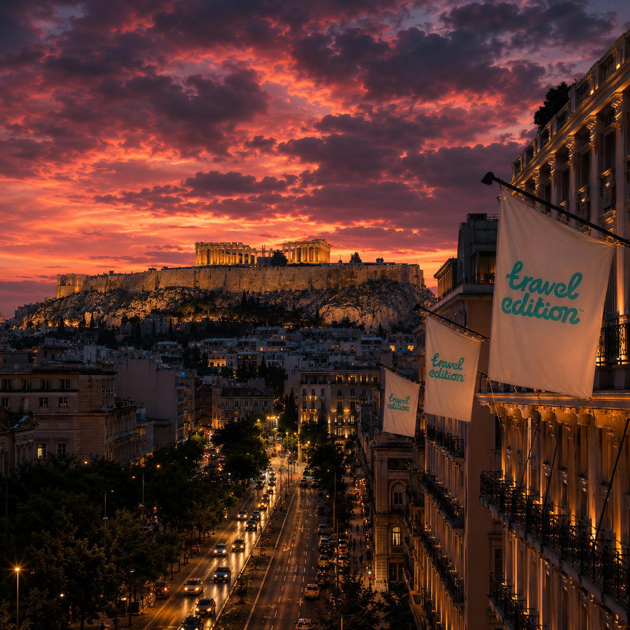 Atlanta akropolis syns vid skymning med en färgstark himmel och stadens byggnader i förgrunden, inklusive hotell med vita flaggor som har texten 'travel edition'.