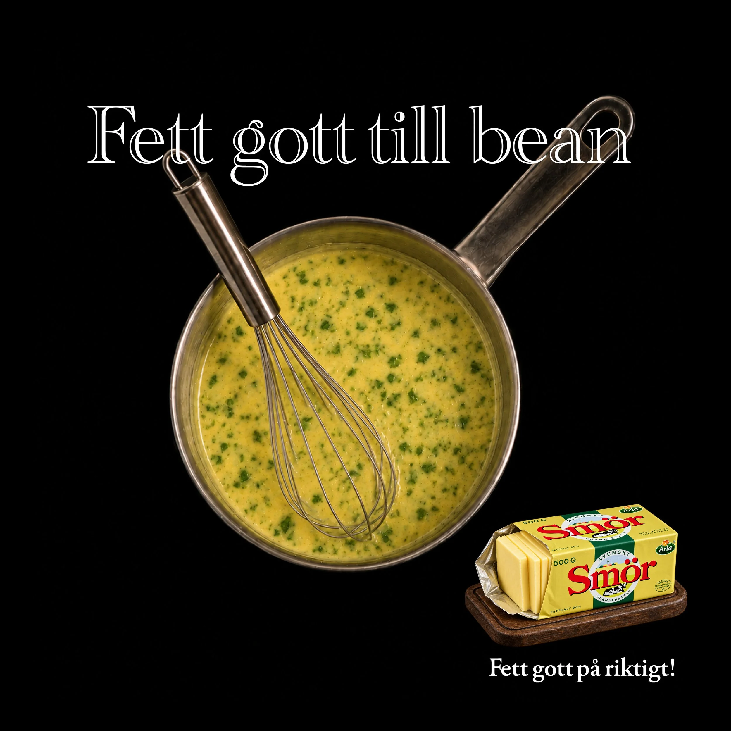 En kastrull med äggsmet med grönt och en visp, ett paket med smör samt en mörk skål. Texten säger 'Fett gott till behag', och under kastrullen står det 'Fett gott på riktigt!'.