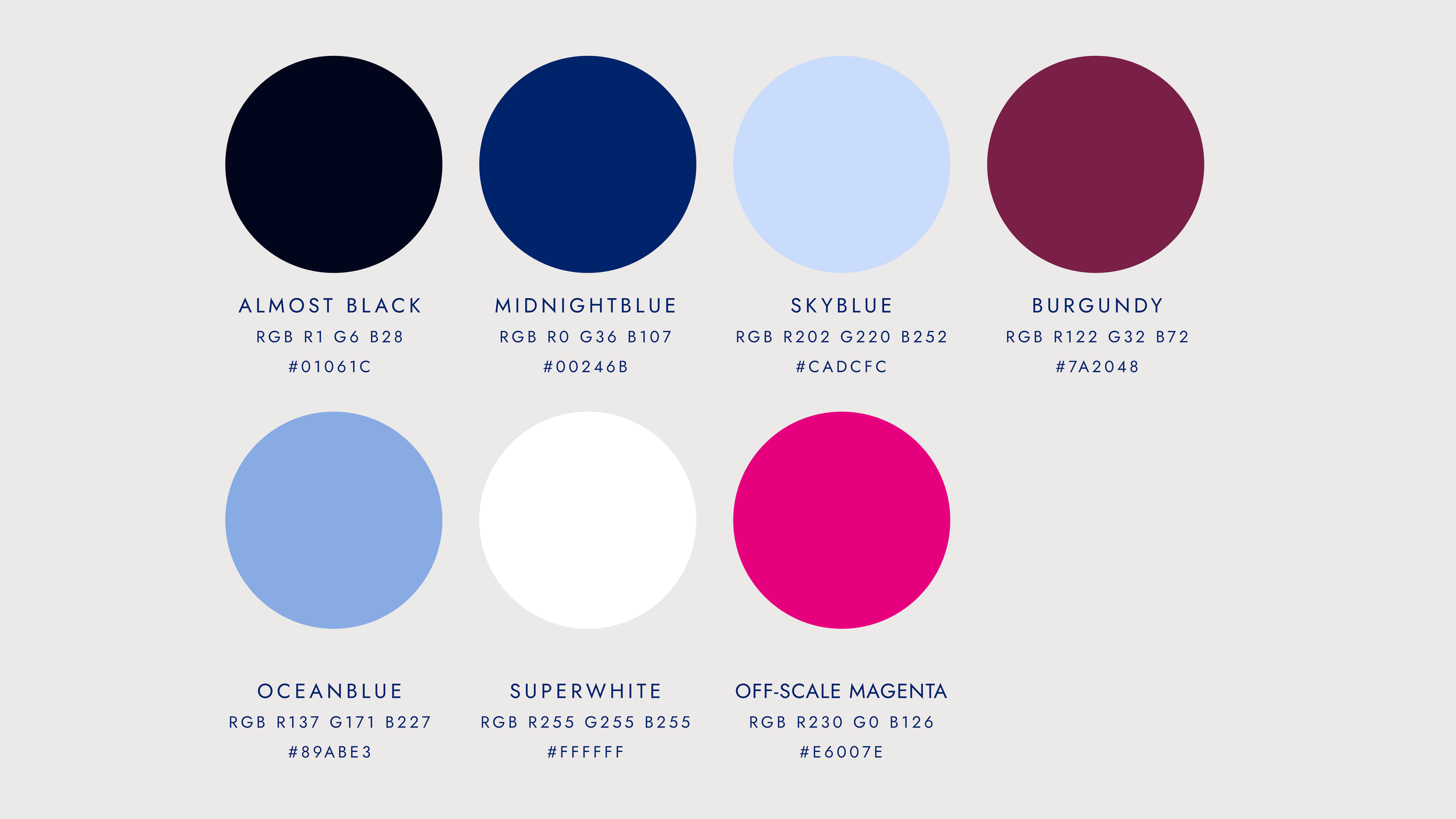 Färgkarta med åtta olika färger, inklusive nästan svart, midnattblå, himmelsblå, borgundy, oceanblå, supervitt, off-scale magenta och off-scale grönt, varje färg anges med RGB-värden och hex-koder.