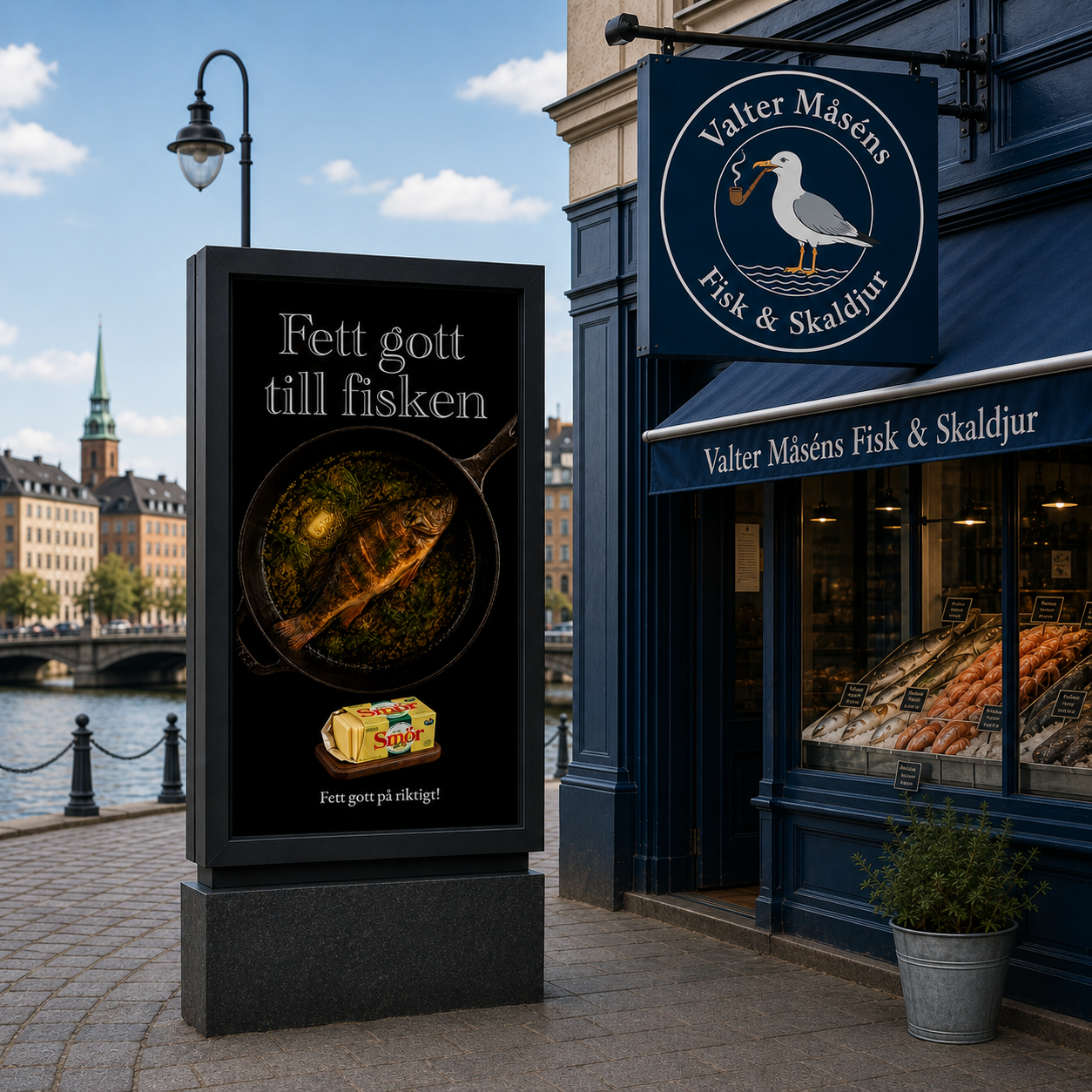 Utomhusreklam för Svenskt Smör. En bild på en fisk i en stekpanna med rubriken 'Fett gott till fisken. Vid en kanal med en skylt för fisk- och skaldjursbutik, visa en digital reklamtavla som förespråkar fiskrätt med en fisk i panna och ett smörpaket.