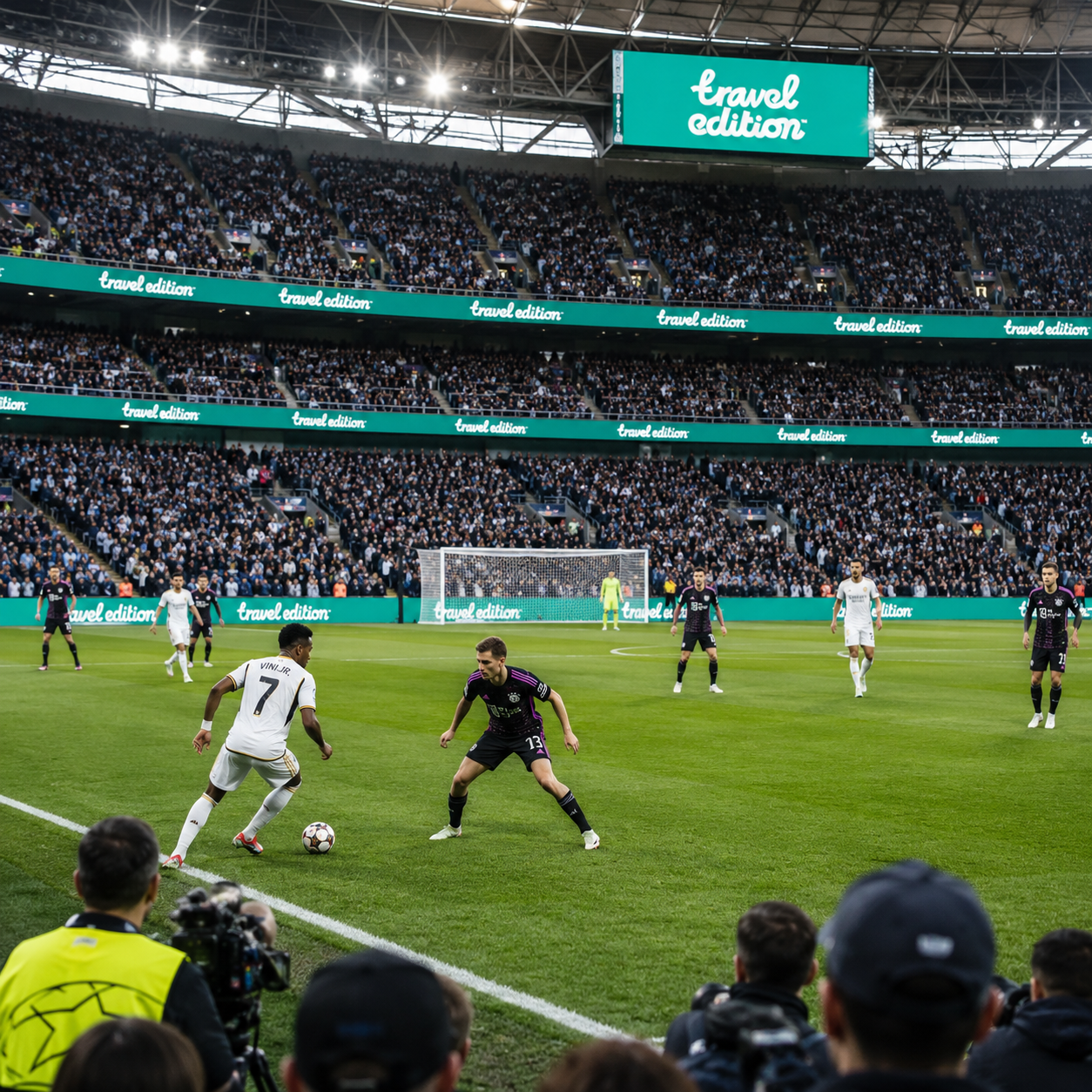 Fotbollsmatch i en stor arena med många åskådare. Spelare på planen, en av dem med nummer 7, dribblar bollen, medan andra står redo för spel. Digitala reklamskyltar visar texten 'travel edition'.