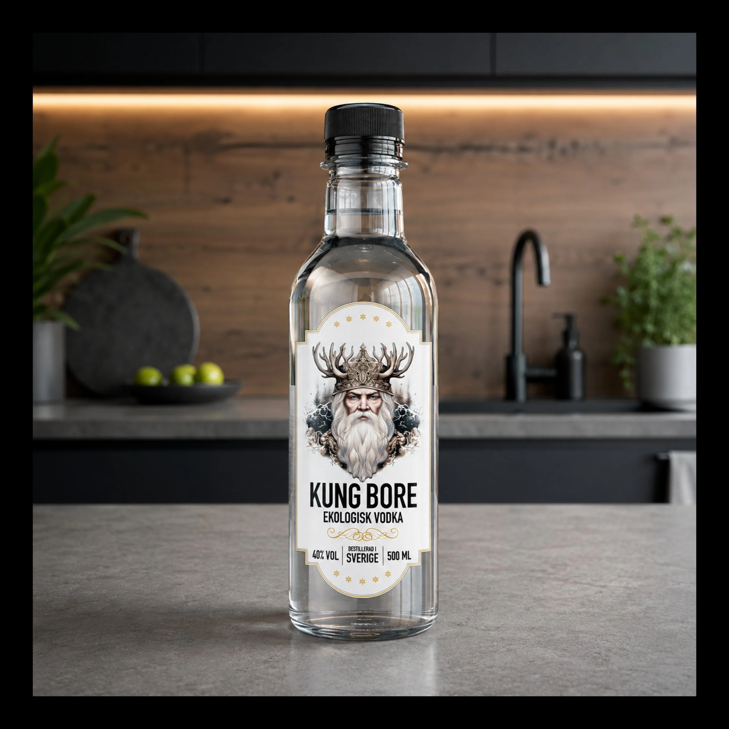 Kung Bore är ett koncept för en helt ny ekologisk vodka som ska säljas i en miljövänlig PET-flaska.
