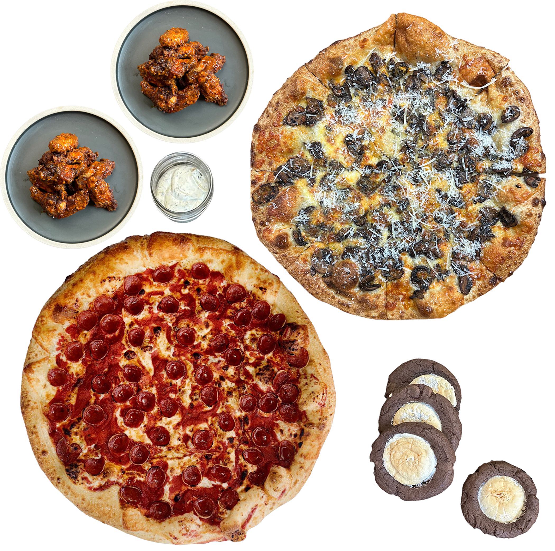 A large pepperoni pizza with cheese and a golden crust, two small bowls of buffalo chicken wings with spicy sauce, a small jar of ranch dressing, and several chocolate chip cookies.