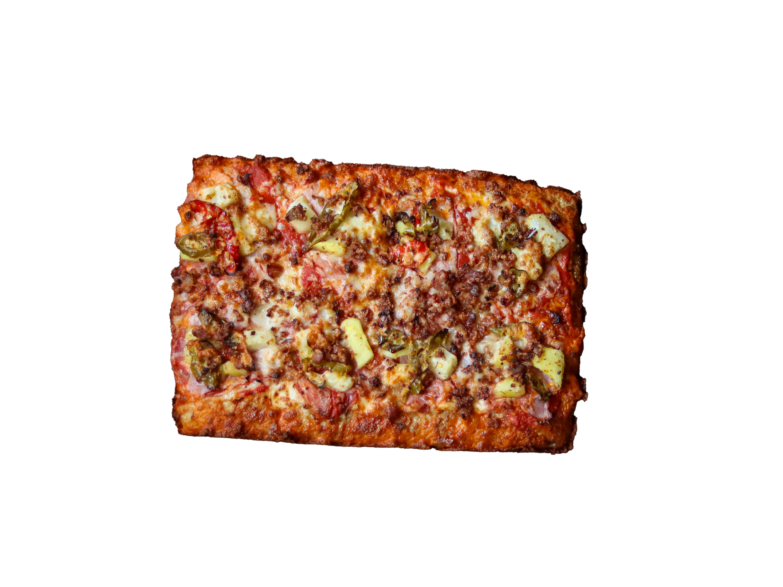 Ham, bacon, pineapple and chili's detroit style pizza