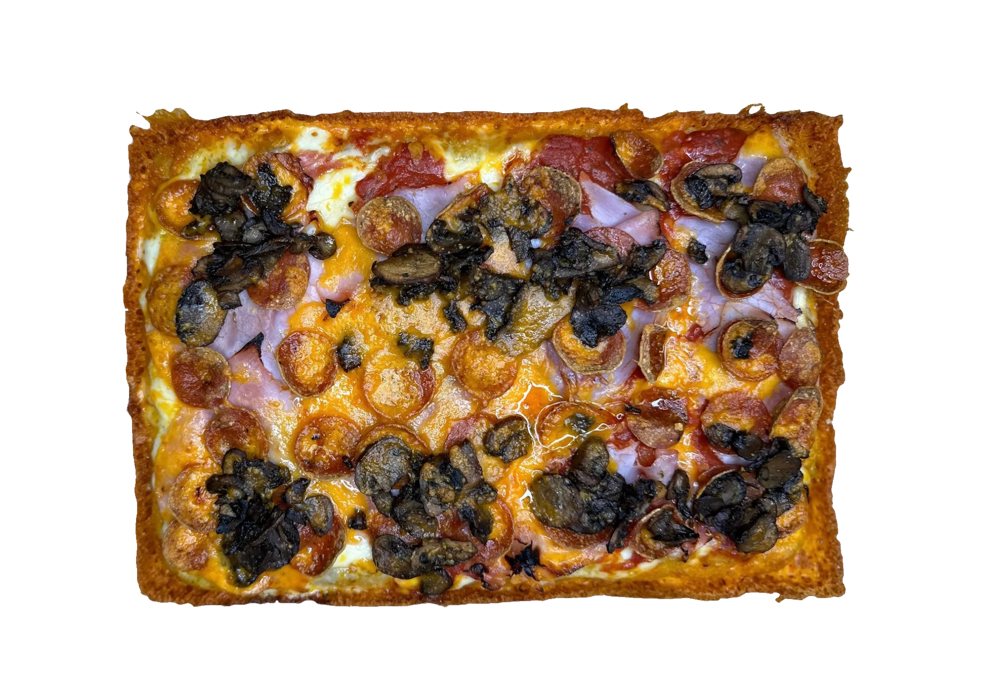 ham, mushroom, pepperoni and cheese detroit style pizza