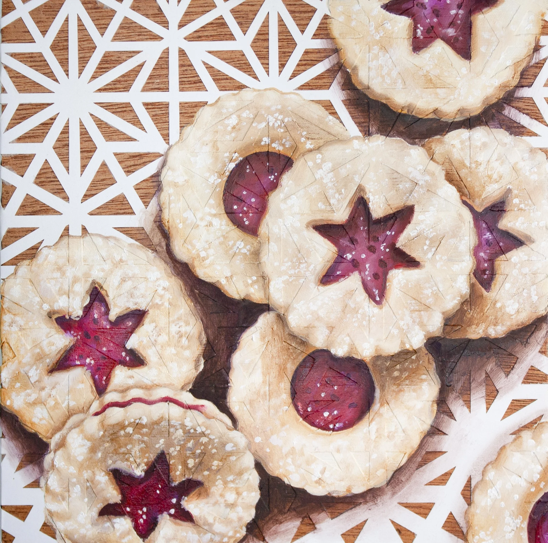 Snowflake Sweets / Oil on Collaged Cardstock , Wood Panel / 8" x 8" / 2025
