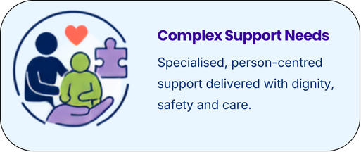 Illustration of a person providing emotional support to another with a heart and puzzle piece symbols, accompanied by text about complex support needs.